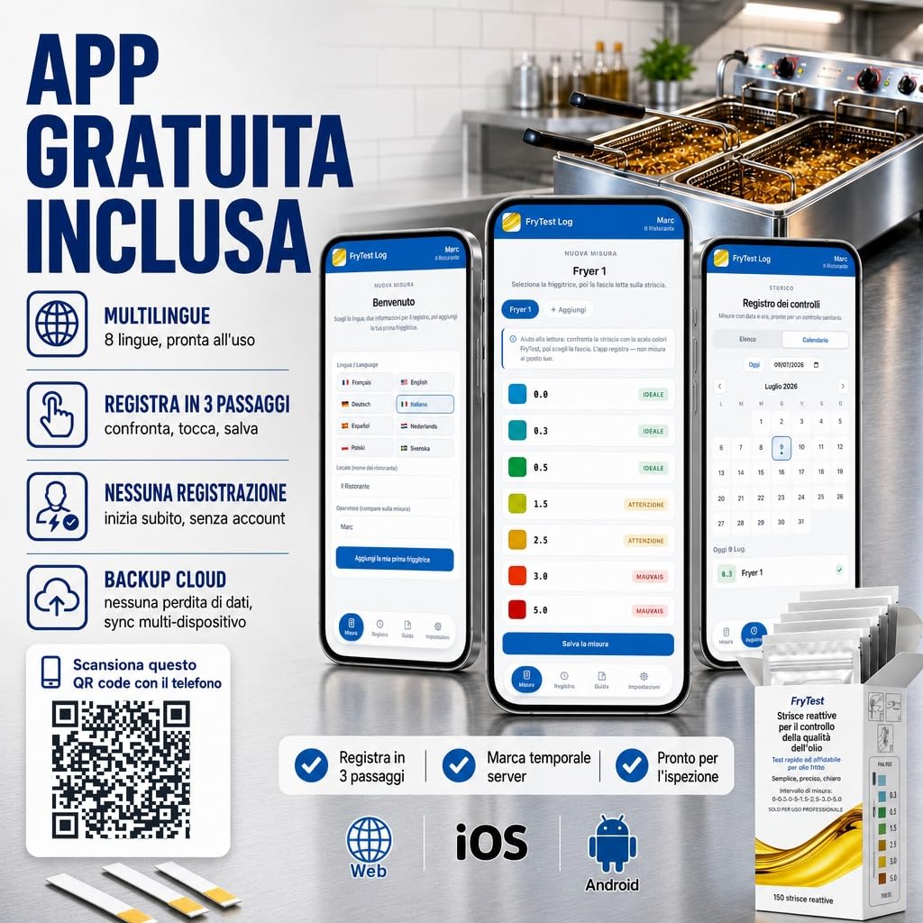 Strisce Test Olio Frittura FFA – App Gratuita Inclusa – Controllo Qualità HACCP – Certificato ISO 9001 – 150 Strisce – Tester Olio Friggitrice Ristoranti Cucina Professionale