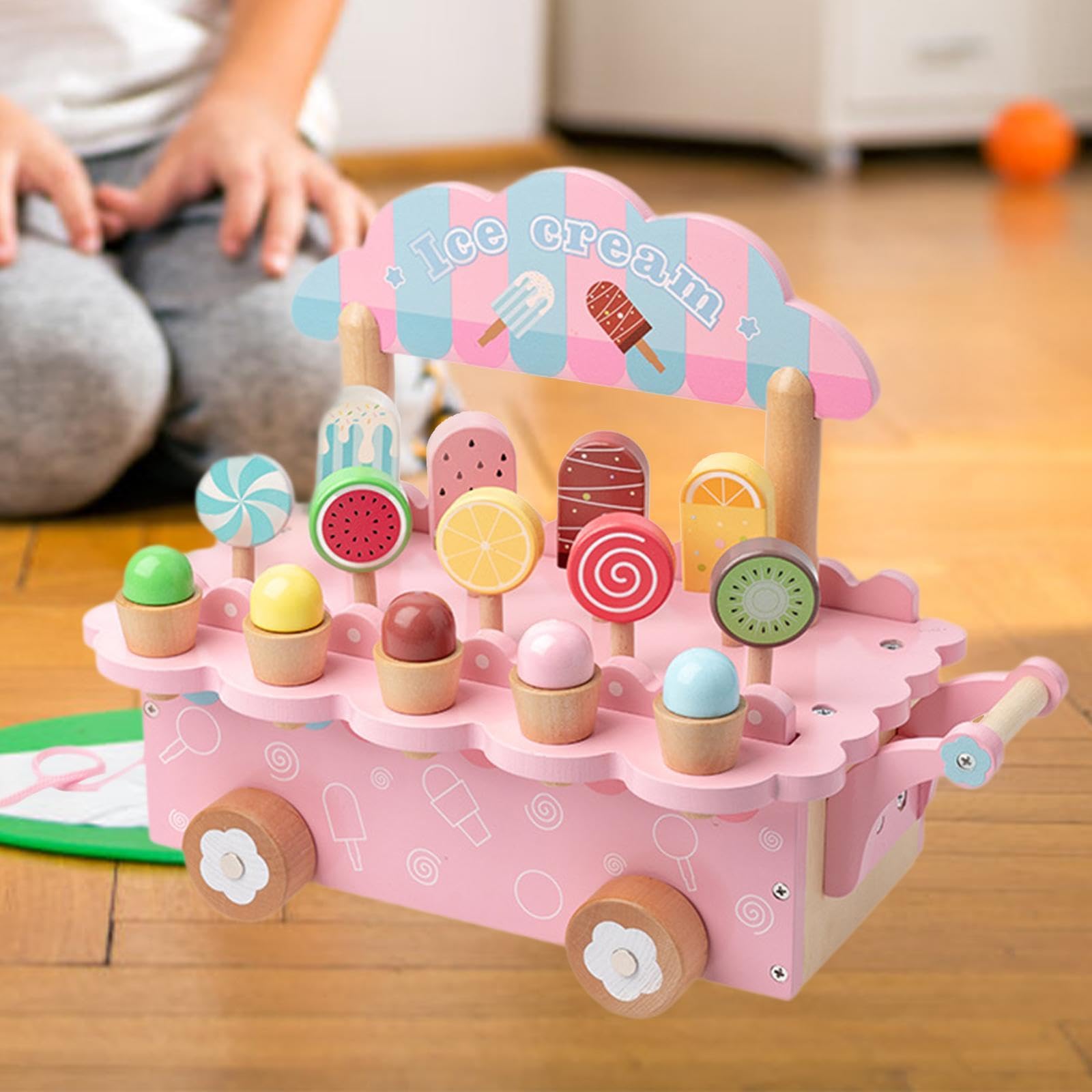 Set di Giocattoli in Legno a Forma di Gelato per Giochi di Ruolo in Cucina, Set Educativo in Legno con Cibo Giocattolo per Bambini dai 3 agli 8 Anni, Rosa