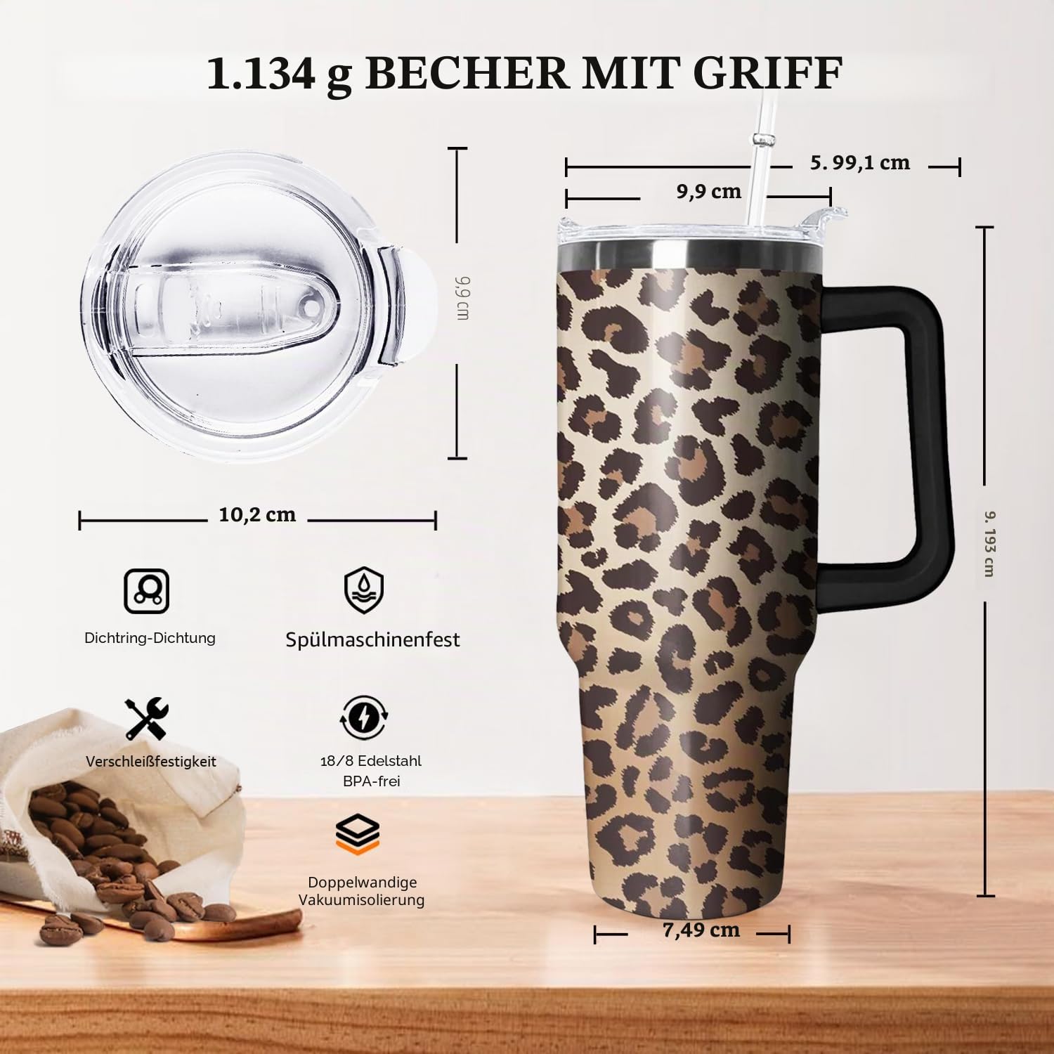 Ceovfoi Becher mit Griff, Leopardenmuster, Reisebecher, Wasserflasche, Dekoration, Geschenke für Frauen, 1,2 l