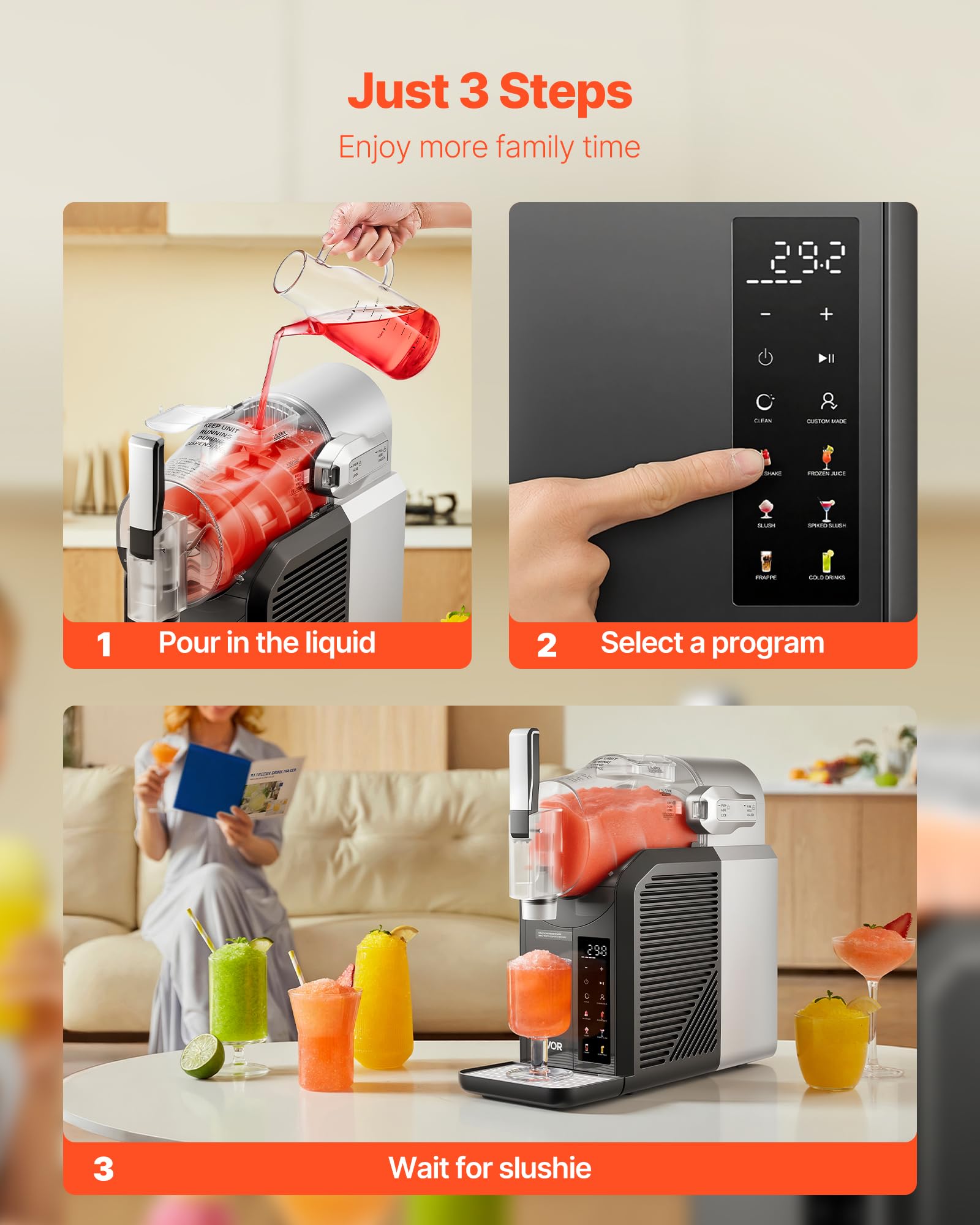 VEVOR Mini Macchina per Bevande Ghiacciate da Casa, Capienza ca. 2 Litri, Macchina per Frullato Slush Senza Ghiaccio con Funzione Autopulizia, Bevande Fredde, 6 Programmi Preimpostati, Uso Domestico