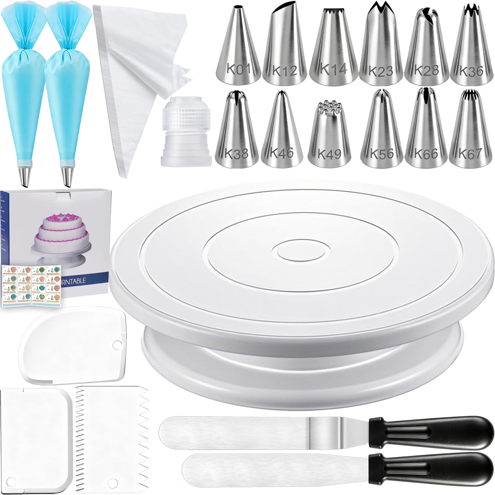 Kit de décoration de gâteaux 73 pièces avec support rotatif blanc de 28 cm