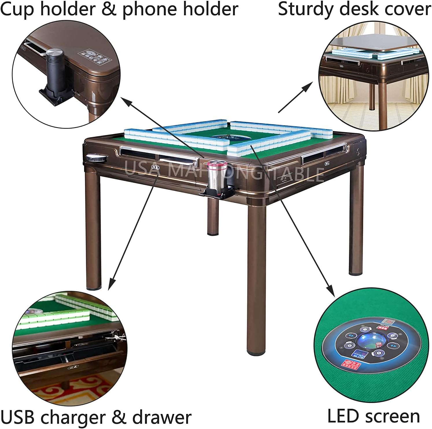 usamjtable 4-Legs Dining Table Style Automatic Mahjong Table with 4 USB Chargers - 50 mm Tiles (Blue & Green) & 1 Cloth Cover Mahjong 適配所有玩法 推薦四川麻将108张