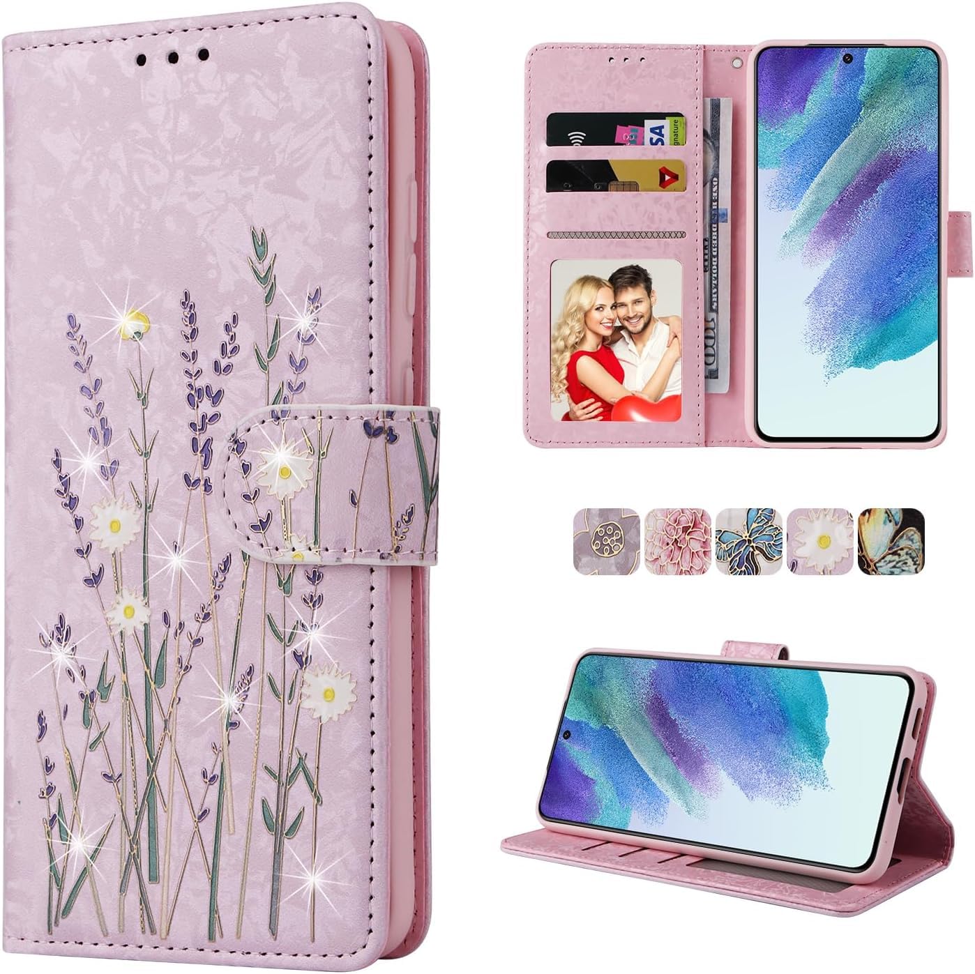 UEEBAI Wallet Case for Samsung Galaxy A35 5G, PU Leather Phone Case Kickstand RFID Blocking Flip Case Card Slots Wrist Strap Relief Engraved Pattern Magnetic Closure Folio Case - Pansy