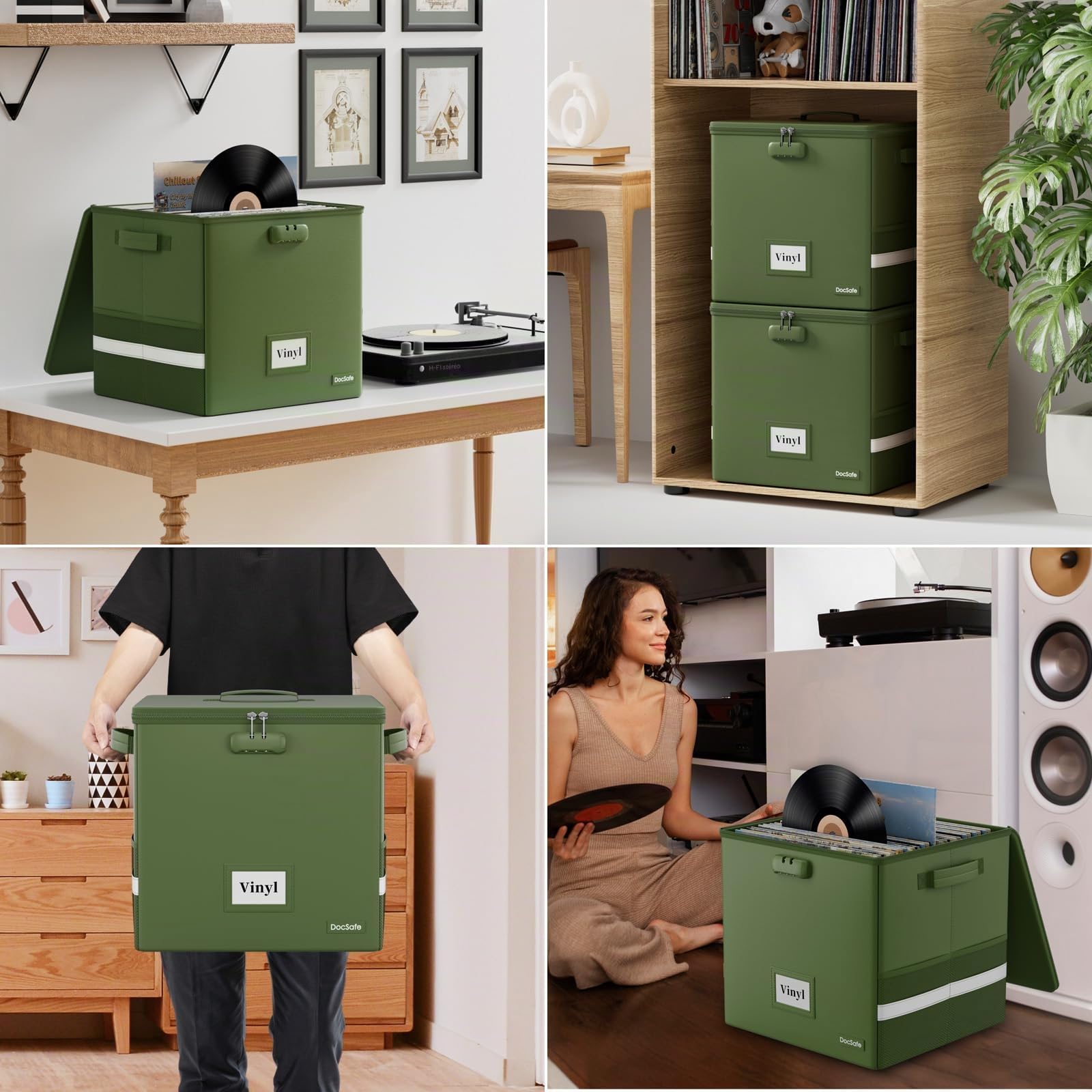 DocSafe Mallette de transport pour disques vinyles résistante au feu avec serrure, vert, 33 x 33 x 33cm, Moderne