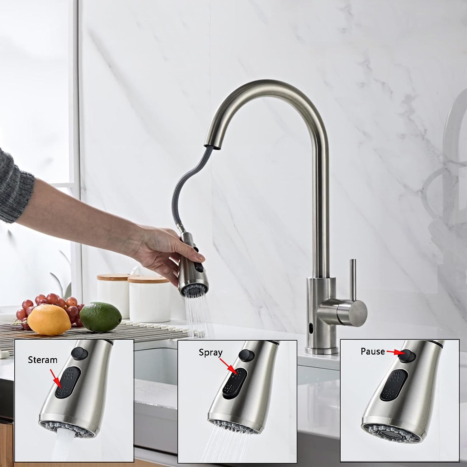 NSF&CEC Certified Touchless Kitchen Faucet, Sensor & Handle Dual Control, Motion Activated, 360° Swivel. Easy Install, AC&DC Power Supply.Lead-Free Material.