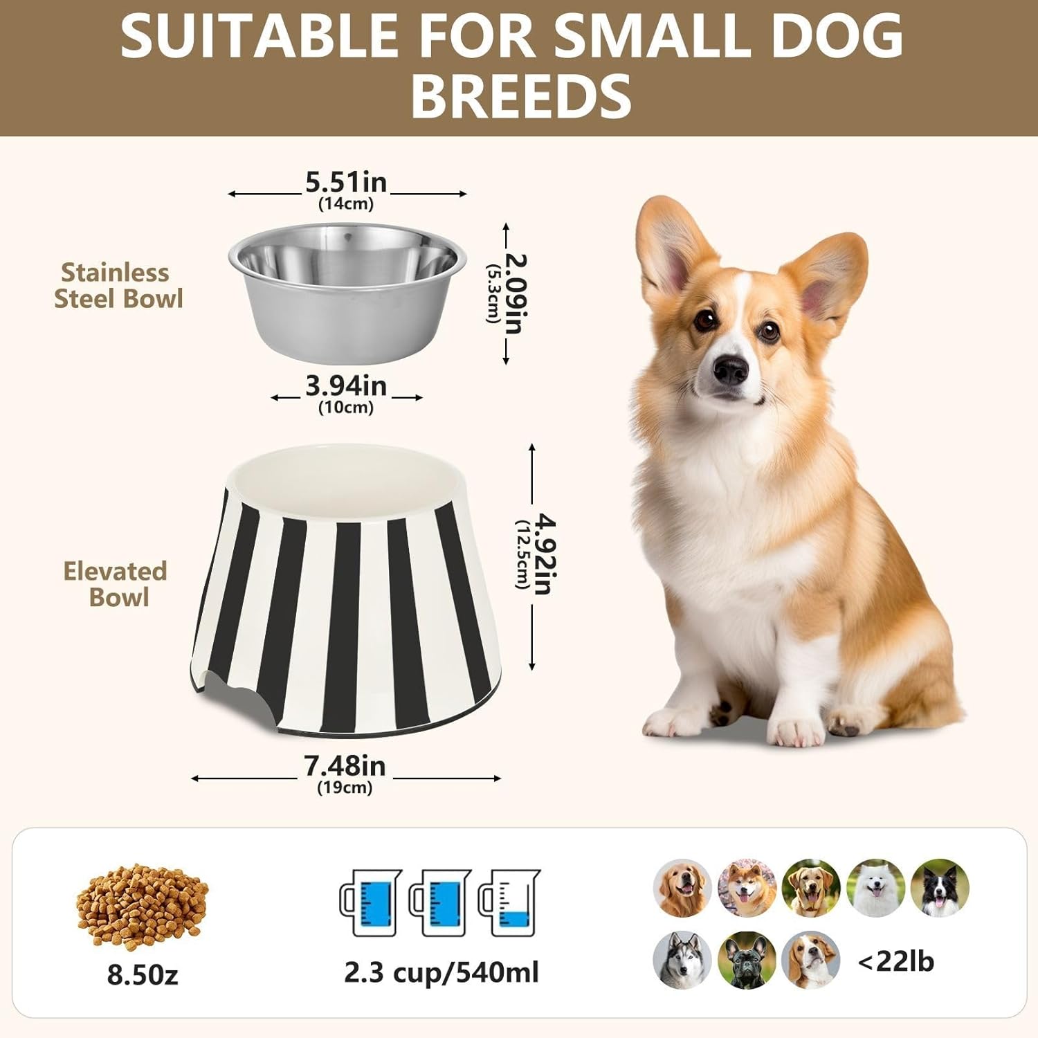 Black White Stripes Dog Bowl - Stainless Steel Cat Bowl 18 oz - Non-Slip Rubber Base Pet Bowl for Food or Water