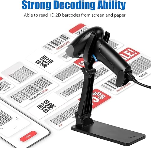Miniatura 3 de Escáner de código QR con soporte plegable, escáner de código de barras 1D 2D 2.4G conexión inalámbrica y USB con cable, lector de código de barras