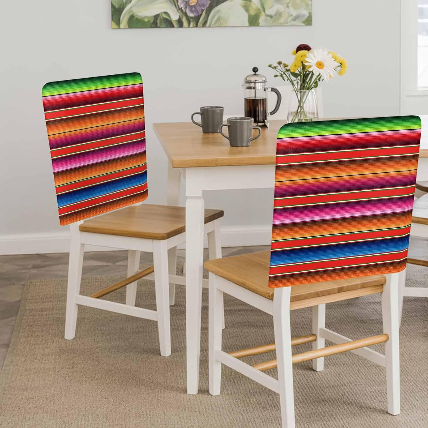 4Pack Dining Room Chair Back Covers Mexican Colorful Ombre Stripes Stretch Spandex Chair Cover Washable Slipcovers, Red Green Orange Blue Lines Removable Furniture Protectors for Home Kitchen Party