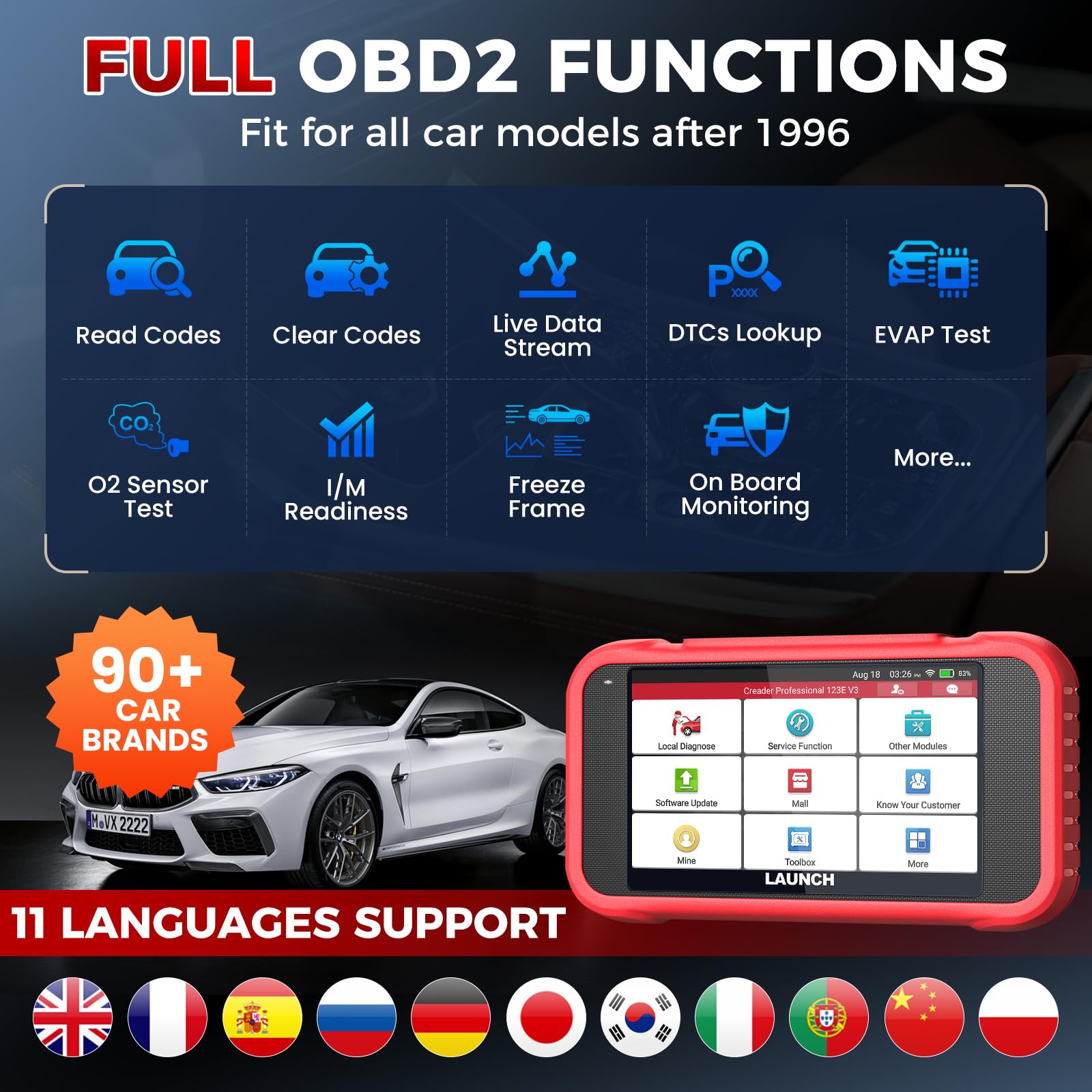 LAUNCH CRP123E V3.0 OBD2 Diagnosi Auto Italiano con 4 Sistemi ABS SRS Motore Trasmissione, 7 Reset EPB Dpf ABS BMS Olio SAS Acceleratore, Diagnostica Auto Professionale CANFD DOIP Aggiornamenti WiFi