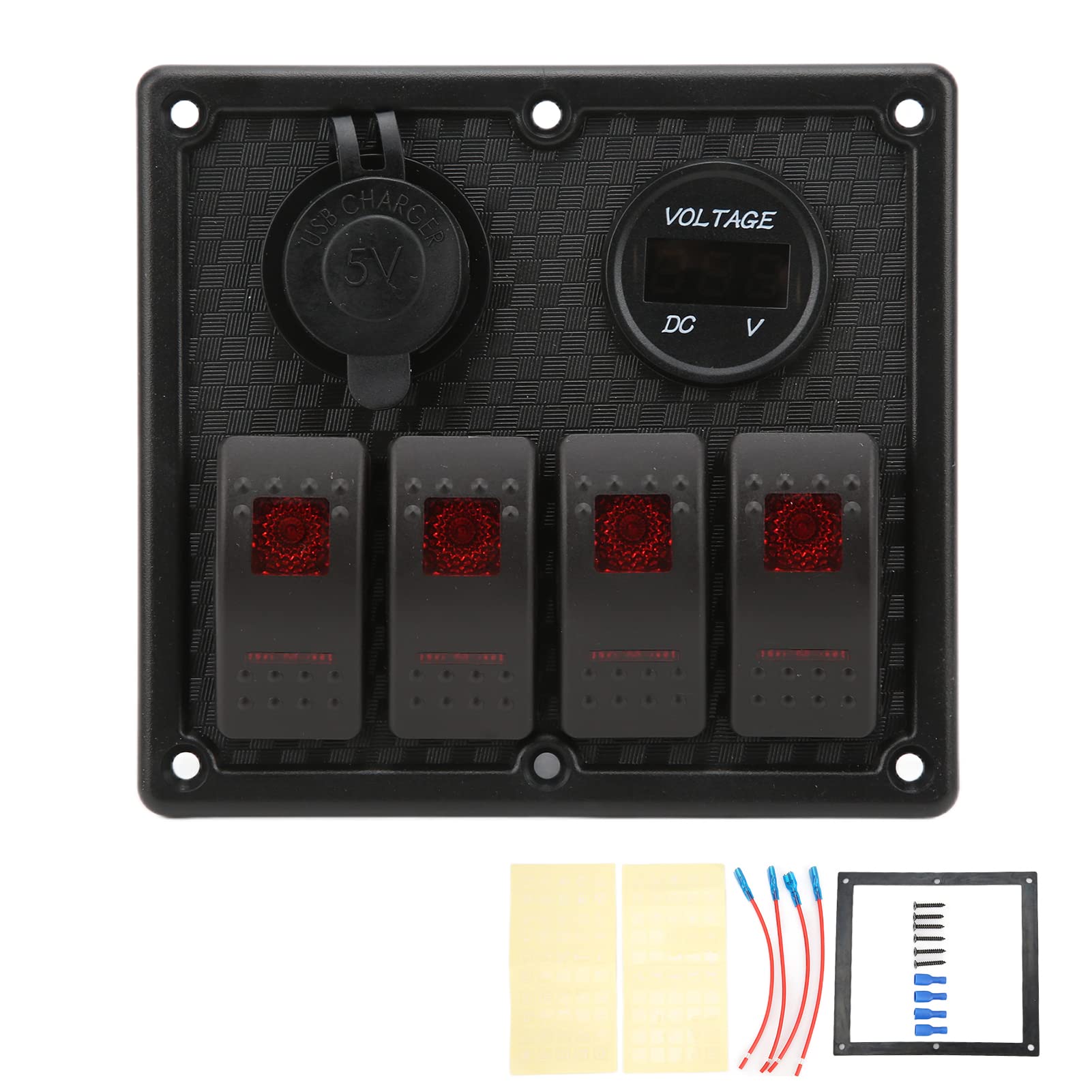 4-krotny Panel Przełączników Kołyskowych z Woltomierzem i Podwójnym ładowaniem USB Uniwersalny Panel Sterowania do Samochodów, łodzi i Pojazdów Kempingowych 5-pinowy Przełączników z