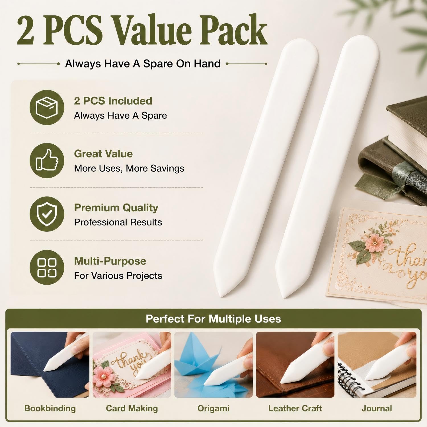 Enenes Genuine Bone Folder 2 PCS, Real Bone Paper Creaser and Scoring Tool for Bookbinding, Card Making, Scrapbooking, Origami, Leather Crafts and Paper Crafting