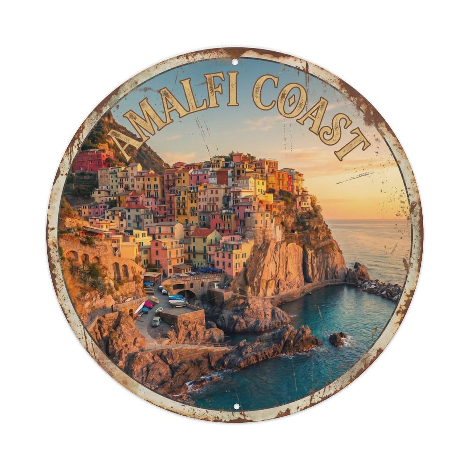 Classic Travel Positano Cliffside Coastal Mediterranean Panorama Metal Tin Sign Plaque Wall Decor for Cafe, Man Cave, Club Bar, Office, Home Garden Round Metal Poster 8x8Inch
