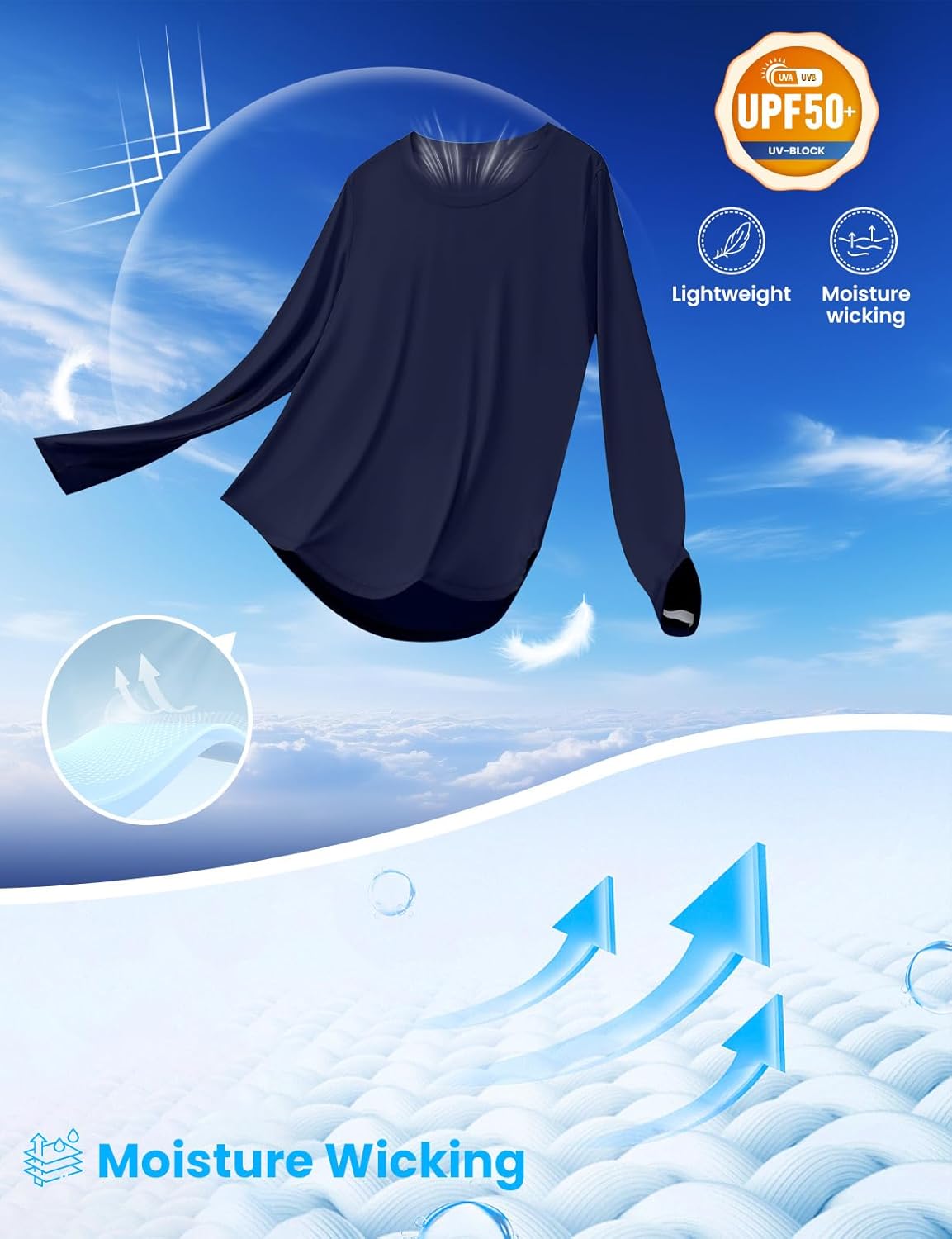 MOHEEN Women's Long Sleeve Workout Shirts, Gym Stretch Quick Dry Hiking Running Tops Navy Blue M - Image 3