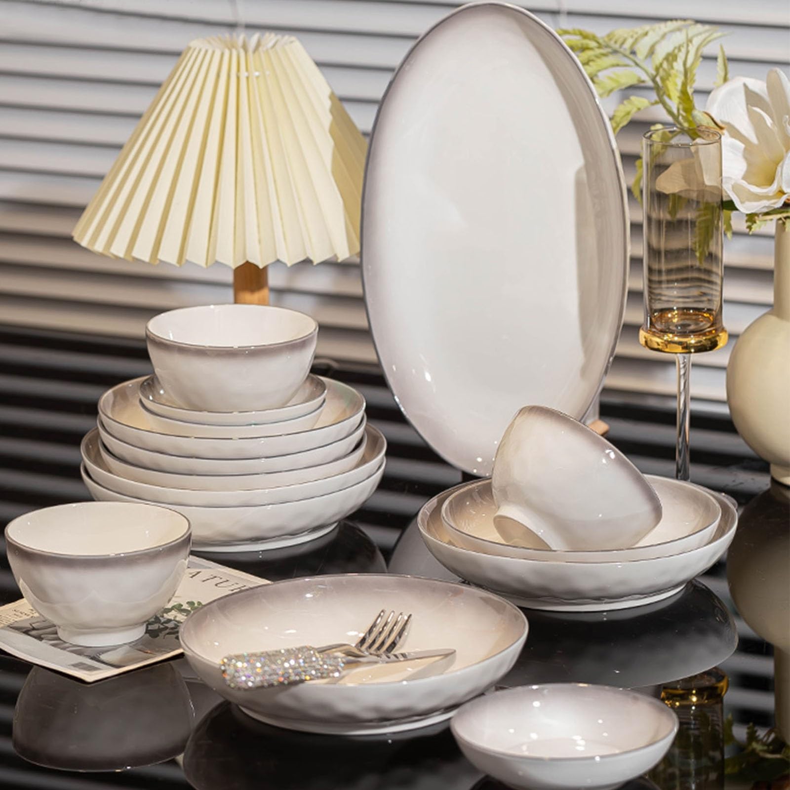 Geschirrset Weiß Tafelservice 12 Personen Modern Schüssel- Und Teller-Set Servierteller Groß Salatschälchen Vintage Geschirr Keramik-Geschirr Service Mikrowellen- Und Spülmaschinenfest(36pcs) Küche, Haushalt & Wohnen