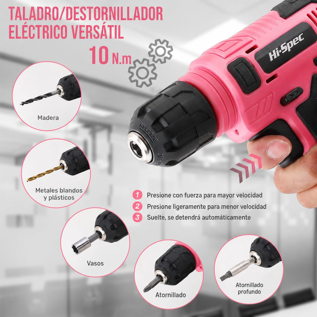 Hi-Spec Set de Herramientas Completo con Destornillador Eléctricos 8V, Rosa | 74 piezas, set completo en estuche portátil, recargable, para tareas de montaje y reparaciones domésticas, uso diario