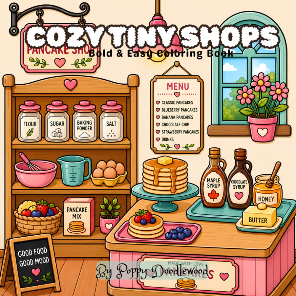 Cozy Tiny Shops Coloring Book: 40 Cute Miniature Dollhouse Shops to Color | Bold & Easy Cozy Storefronts Featuring Bakeries, Cafés, Bookstores, Flower Shops, Taco Shops & More