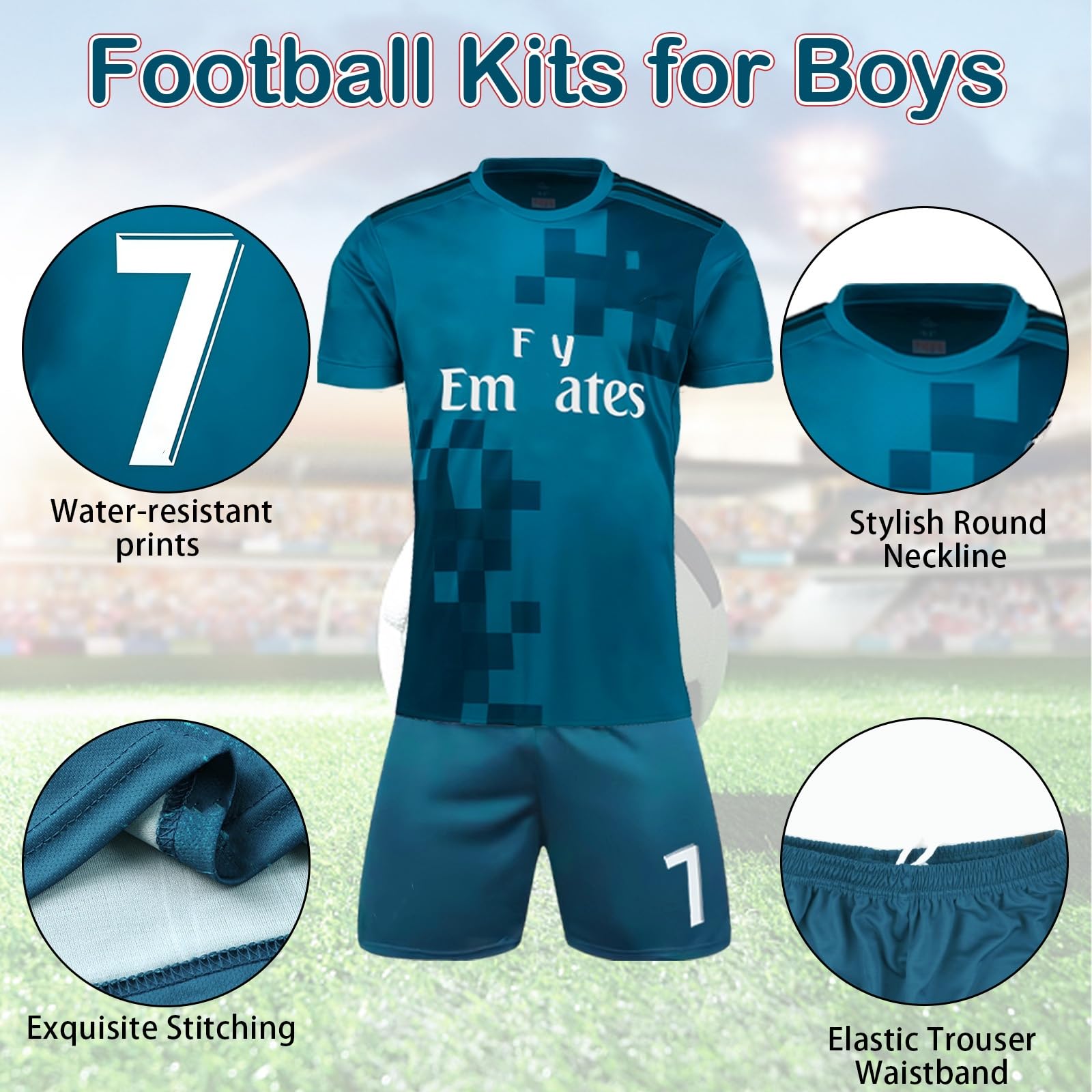 Fußball Trikot für Kinder, Trikot Nr. 7 Fußballtrikots Fussball T-Shirt Shorts Socken Schlüsselanhänger und Schienbeinschoner Set, Outdoor Football Jersey für Jungen