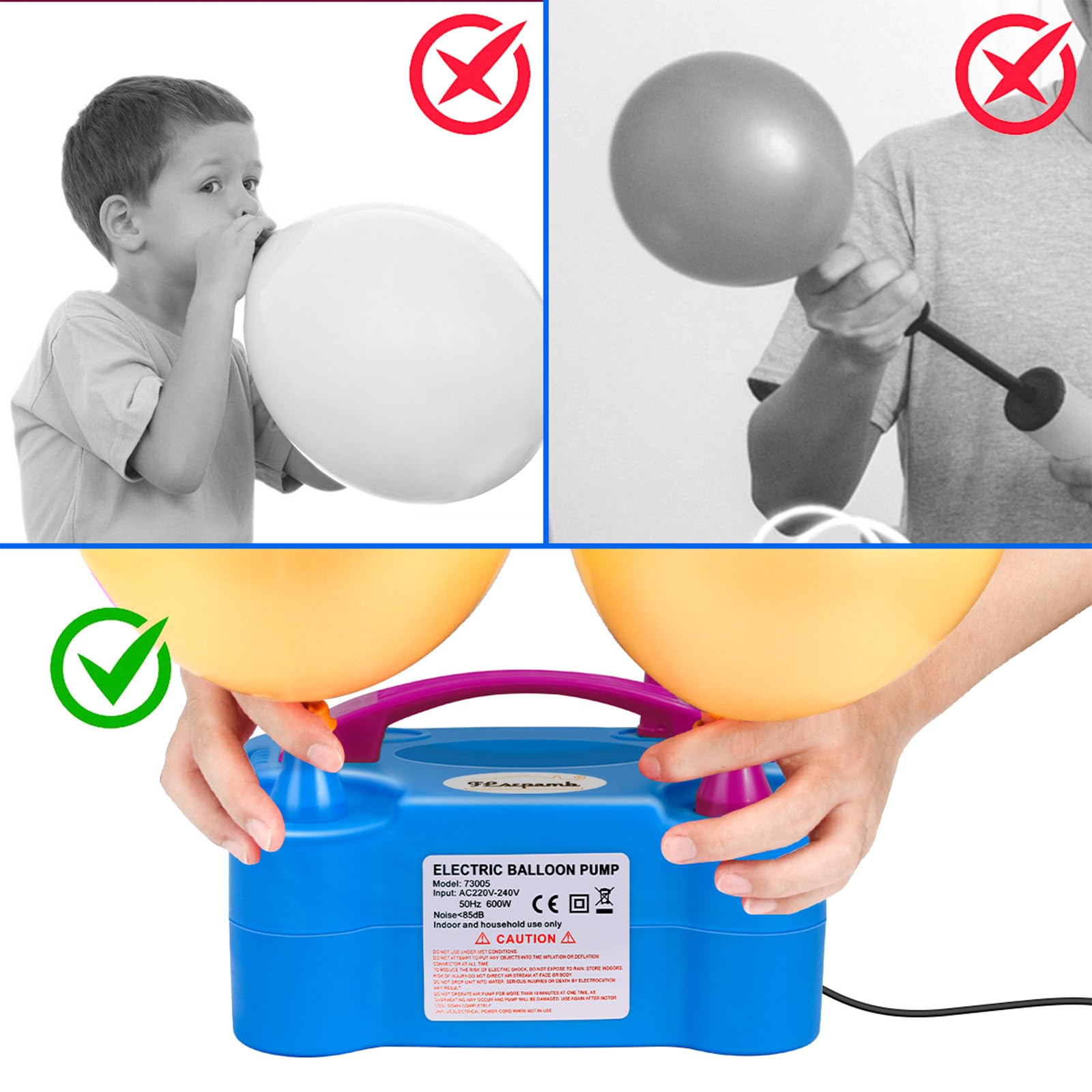 FLSEPAMB Pompe à Ballons électrique 600W, Gonfleur Ballon Electrique Portable avec Plusieurs Buses, 2 Modes Pompe Ballon Anniversaire pour Les Décorations, Mariages et Fêtes