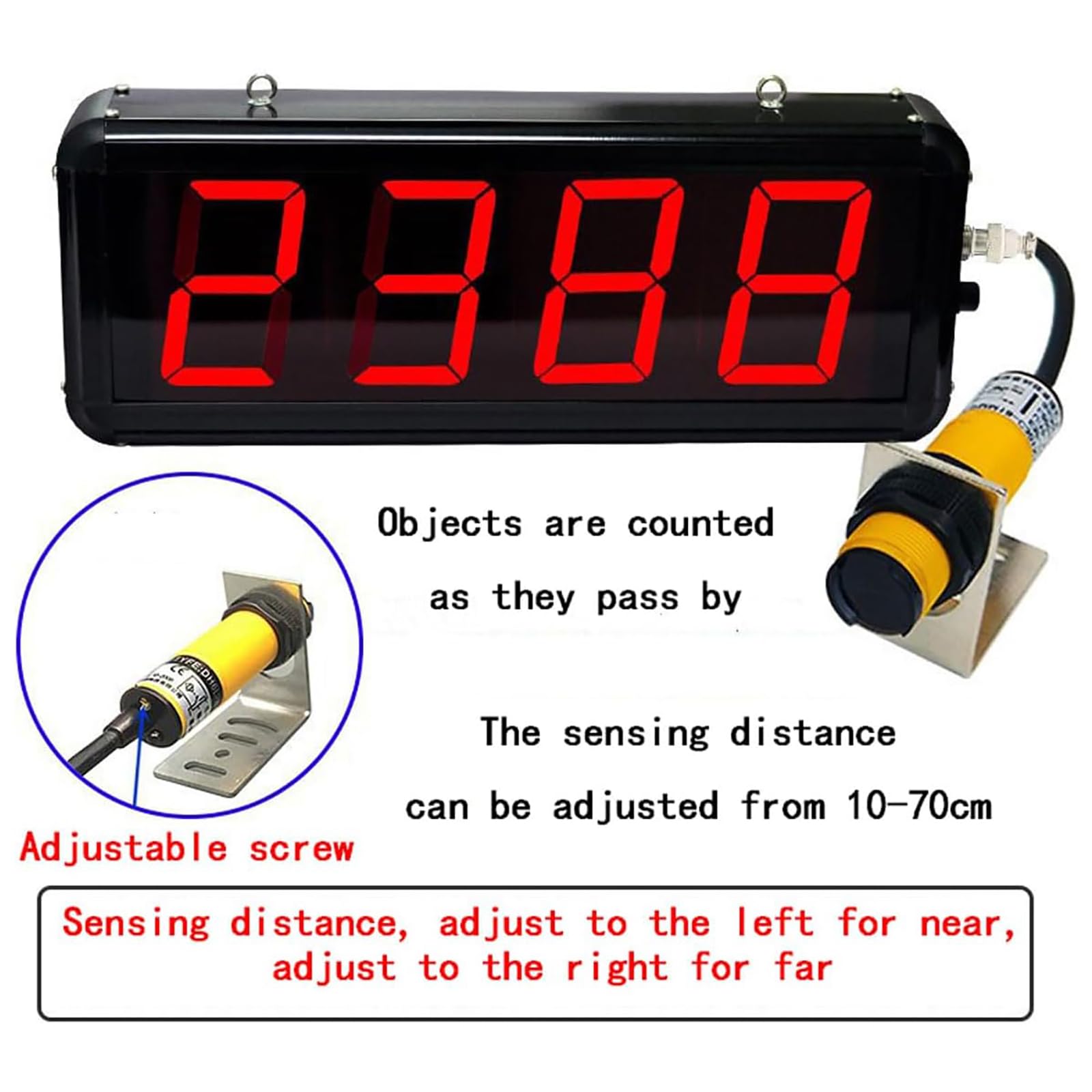 Contatore Digitale, conteggio a 4 cifre Fino a 9999, Misura Fino a 70 cm, Ideale per Nastri trasportatori e conteggio visitatori nelle Linee di Produzione.,