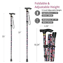 CLOKTA Folding Cane, 5-Level Adjustable Height Lightweight Portable Foldable Walking Canes with Wrist Strap and T Handle for Men Women Seniors (Peony Flowers)