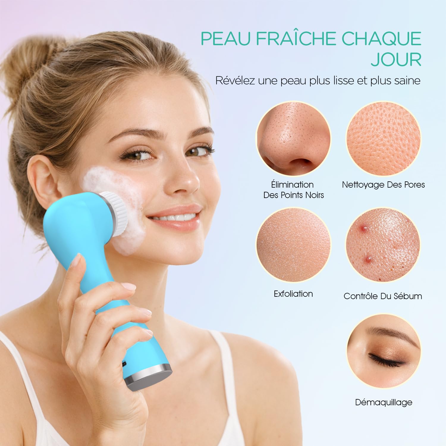 VOYOR Brosse Visage Nettoyante Électrique Rechargeable 5-en-1 IPX7 FB500 Bleu