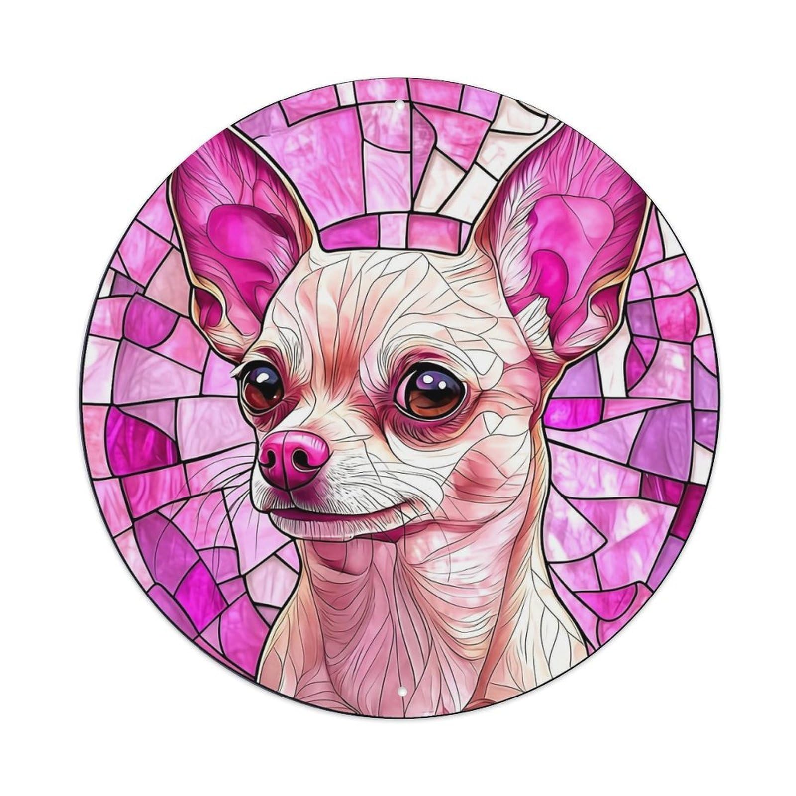 Stained Glass Chihuahua Portrait Art Round Tin Sign Vintage Metal Sign Home Bar Garden Indoor & Outdoor Wall Decor Retro Metal Poster 8x8 Inch