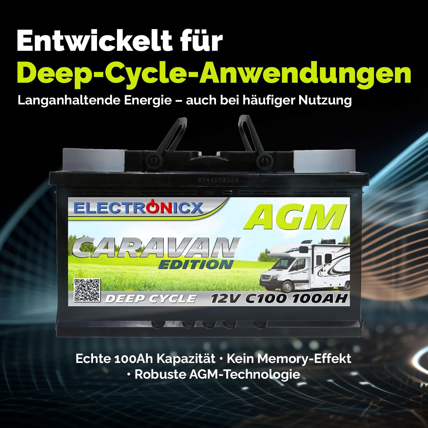Electronicx AGM Versorgungsbatterie 12V 100Ah Deep Cycle Solar Batterie wartungsfrei versiegelt Wohnmobil Wohnwagen Camping Freizeitakku 278x175x190mm