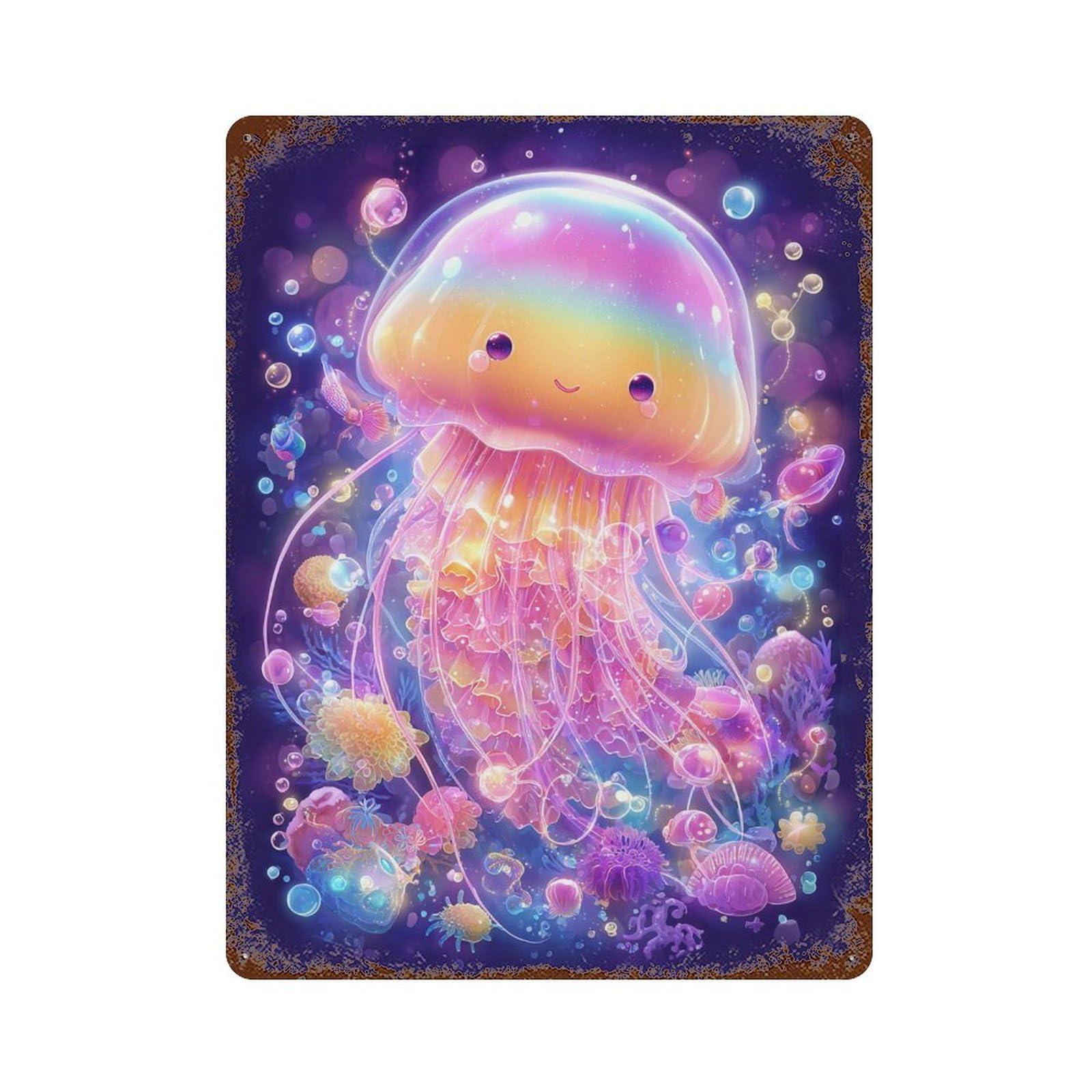Colorful Jellyfish Illustration 15.7"x11.8" Rusty Metal Tin Sign, Novelty Wall Decor for Cafe, Home Bar And Lounge Decor