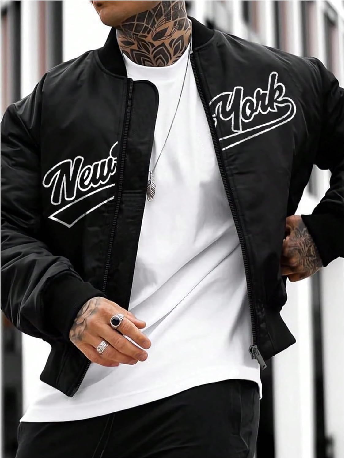 BEAUDRM Men's Letter Graphic Varsity Jacket Letterman Long Sleeve Bomber Zip Up Baseball Jackets Coats Streetwear - Image 3