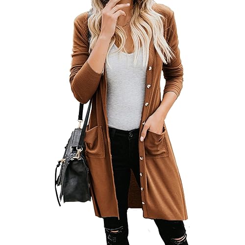 Naggoo Women's Long Cardigans Button Down Cardigan Open Front Knit Loose Cardigans with Pockets