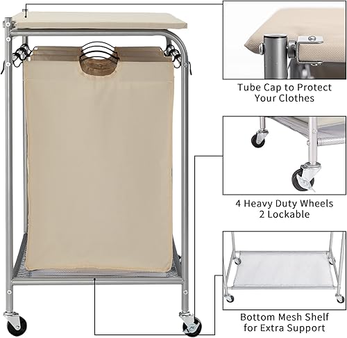 Miniatura 5 de HollyHOME - Carrito organizador de ropa sucia con mesa de planchar plegable y 3 bolsas extraíbles, con cestas clasificadoras