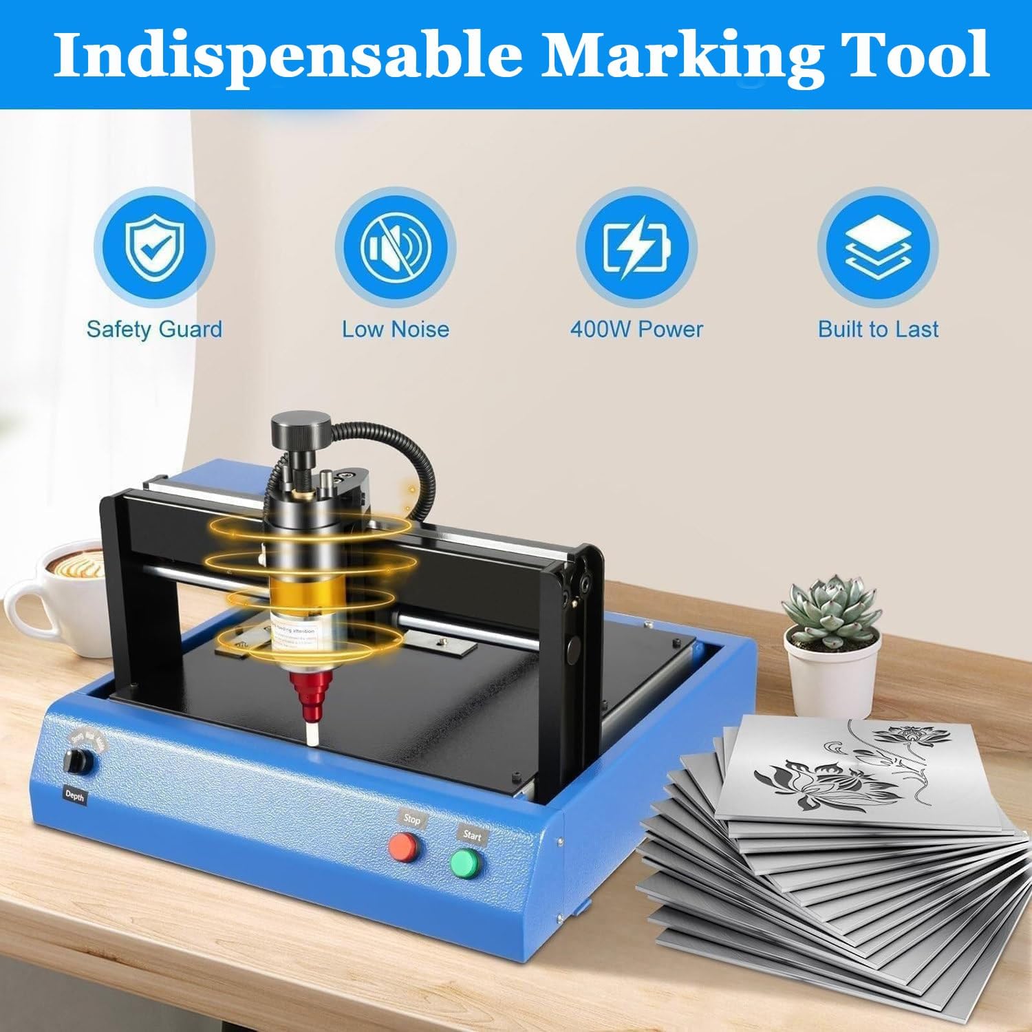 Metall-Namensschild-Graviermaschine, 400 W einstellbare Tiefe, Punktstift-Gravierer zum Markieren von Tags, Desktop-Markierungswerkzeug für Präzisions-Metallgravur