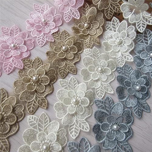 Miniatura 6 de 2 yardas de encaje de flores 3D bordadas con perlas de poliéster de cinta de encaje de tela de patchwork para vestido de novia hecho a mano DIY