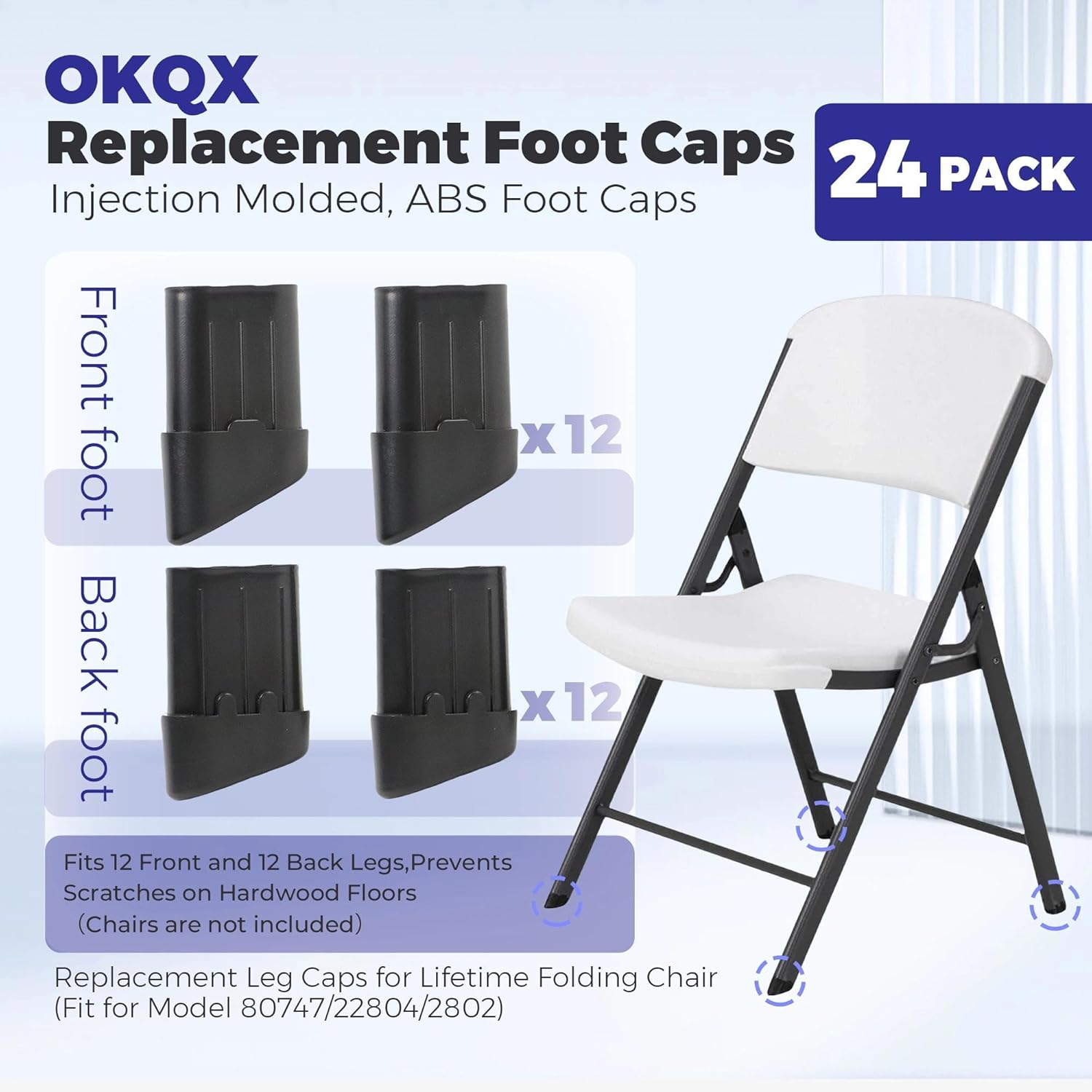 24-Pack Replacement Leg Caps for Lifetime Folding Chair (Fit for Model 80747/22804/2802) - Injection Molded, ABS Foot Caps - Fits 12 Front and 12 Back Legs, Prevents Scratches on Hardwood Floors