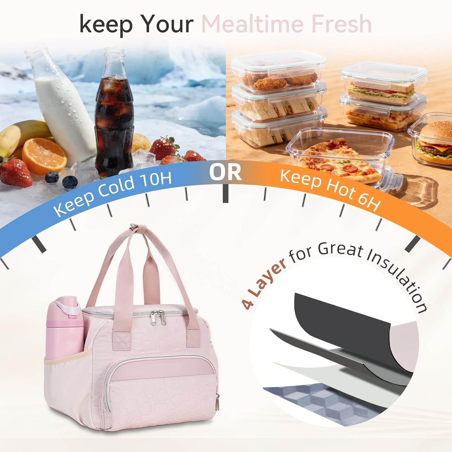 holuxer Insulated Lunch Bags for Women - Large Reusable Leakproof Cute Lunch Box for Adult, Portable Cooler Tote Bag for Work Picnic Meal Prep (Light Pink)