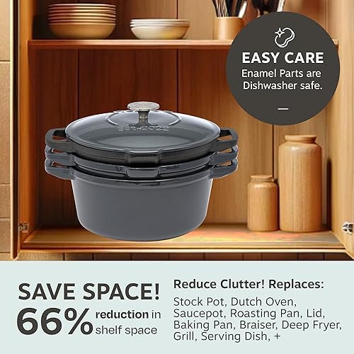 Miniatura 6 de NATIVO Juego de utensilios de cocina apilables de hierro fundido de 5 piezas, horno holandés esmaltado versátil, sartén sazonada y estofador de
