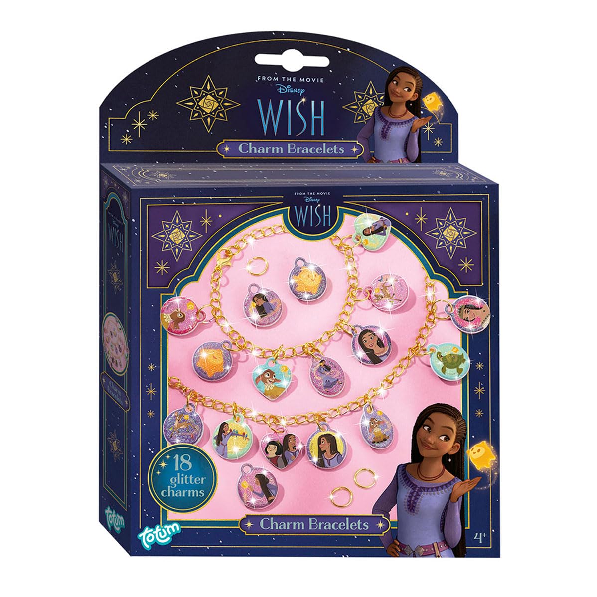 Totum Disney Wish Charm Bracelet Jewellery Craft Set, Make 2 Charm Bracelets with Gold Coloured Links and 18 Glittery Puffy Charms, Suits Ages 4 Years+, 17.5 X 24.5 X 3.5