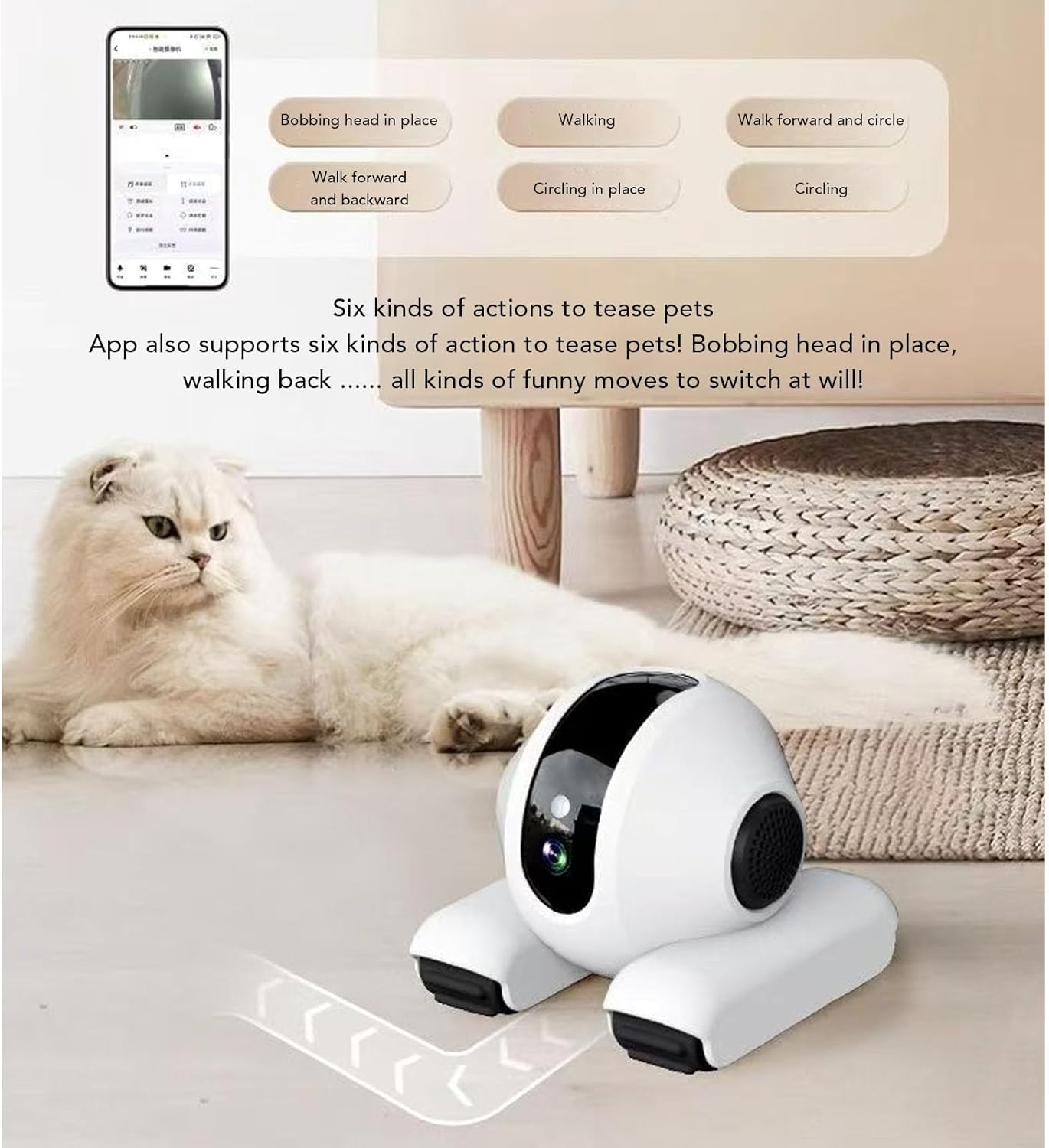 FOSA Home Security Camera on Wheels, Movable Pet Camera, WiFi Motion Detection 2 Way Talk Indoor Cam with APP Teasing Pet Functions