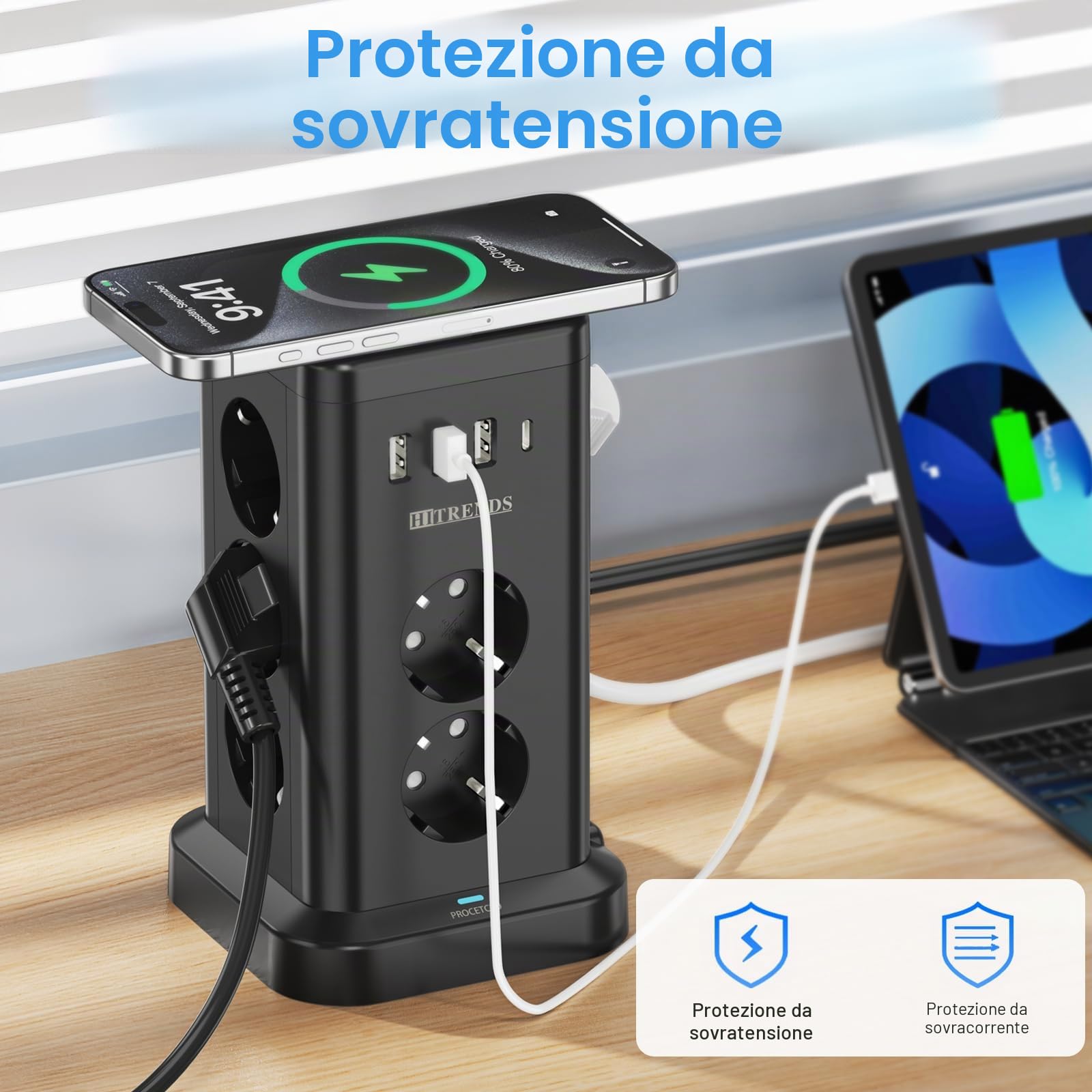 Ciabatta elettrica con USB, 11 prese, con caricatore wireless, torre con stazione di ricarica induttiva, cavo da 2 m, protezione da sovratensione