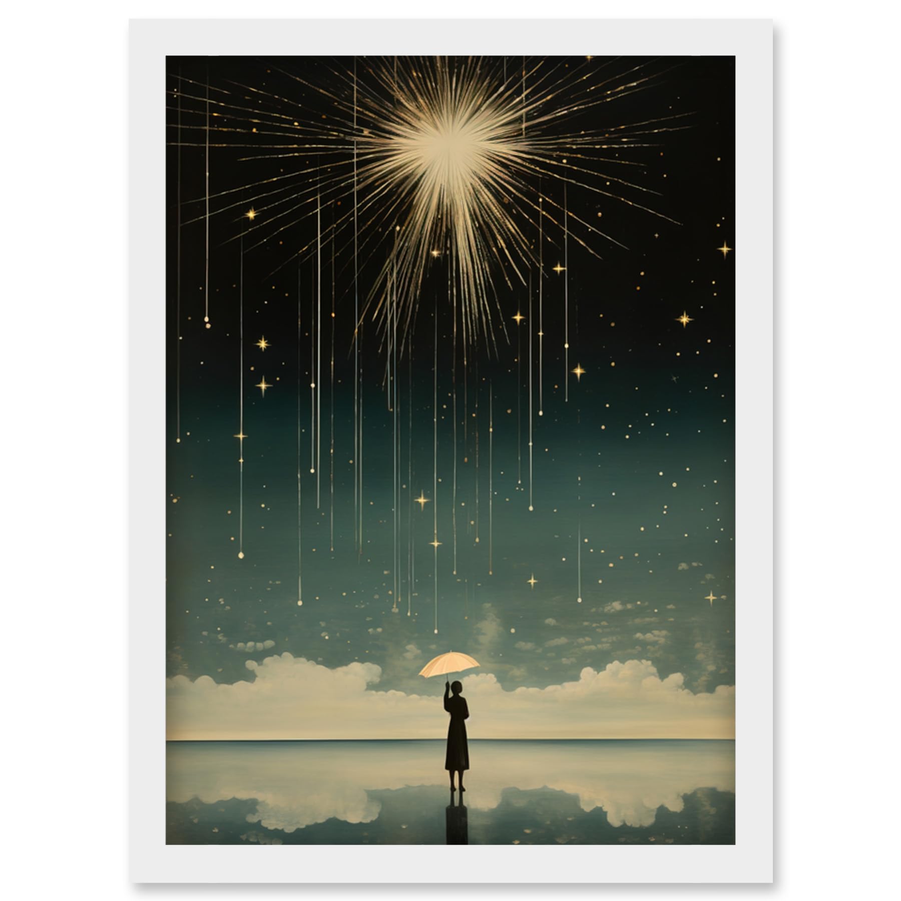 A4 Framed Wall Art Print - Falling Star Rain Dreamy Artwork - Bright Star Wish Woman with Umbrella - Fairytale Dreamscape
