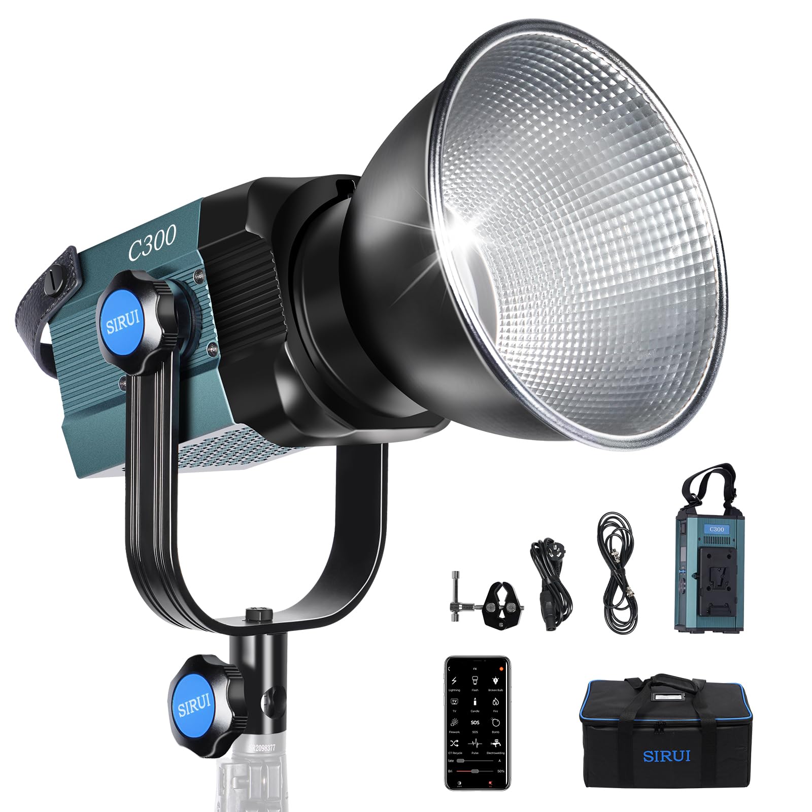 SIRUI 300W LED Video Light C300, Compact COB Continuous Light for Photography Studio Lighting, 12500Lus@1m 5600K Daylight, TLCI98 CRI96, Bowen Mounts, Reflector, Box/App Control, 8 Effects