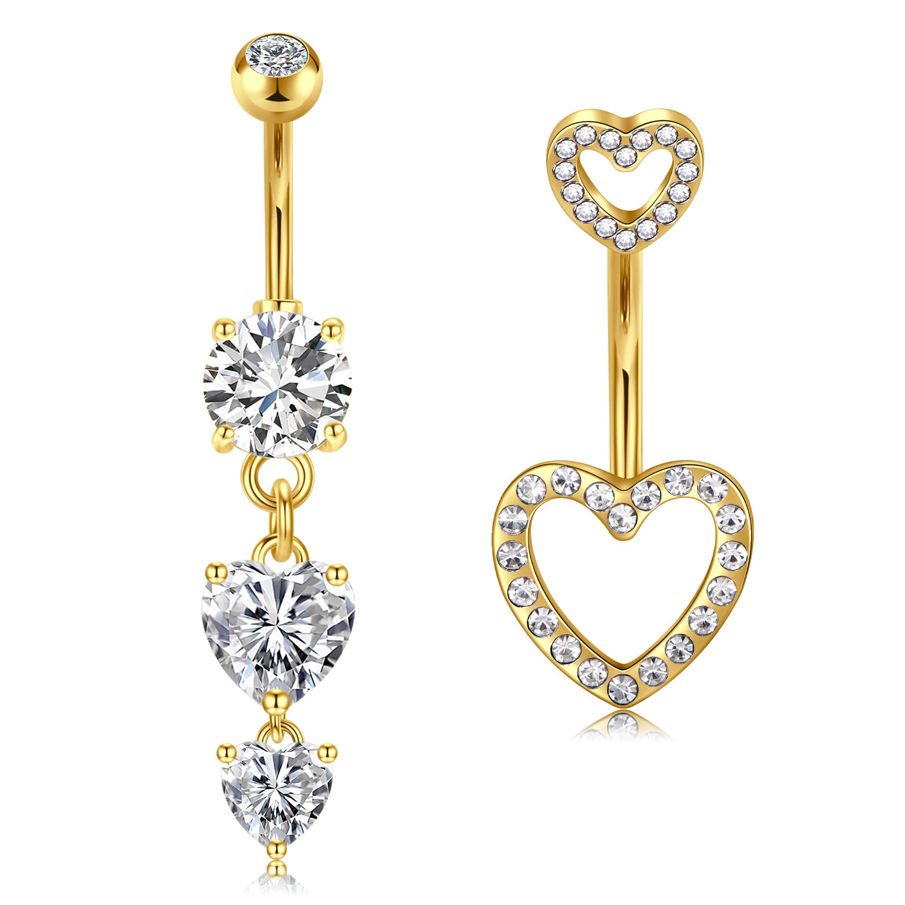 NIUSIMAN 3 piezas Piercing ombligo,14G piercing ombligo acero quirurgico de plata oro CZ corazón mariposa ombligo joyería bola de cristal ombligo Piercing Aro largo Barbell Set para Mujeres
