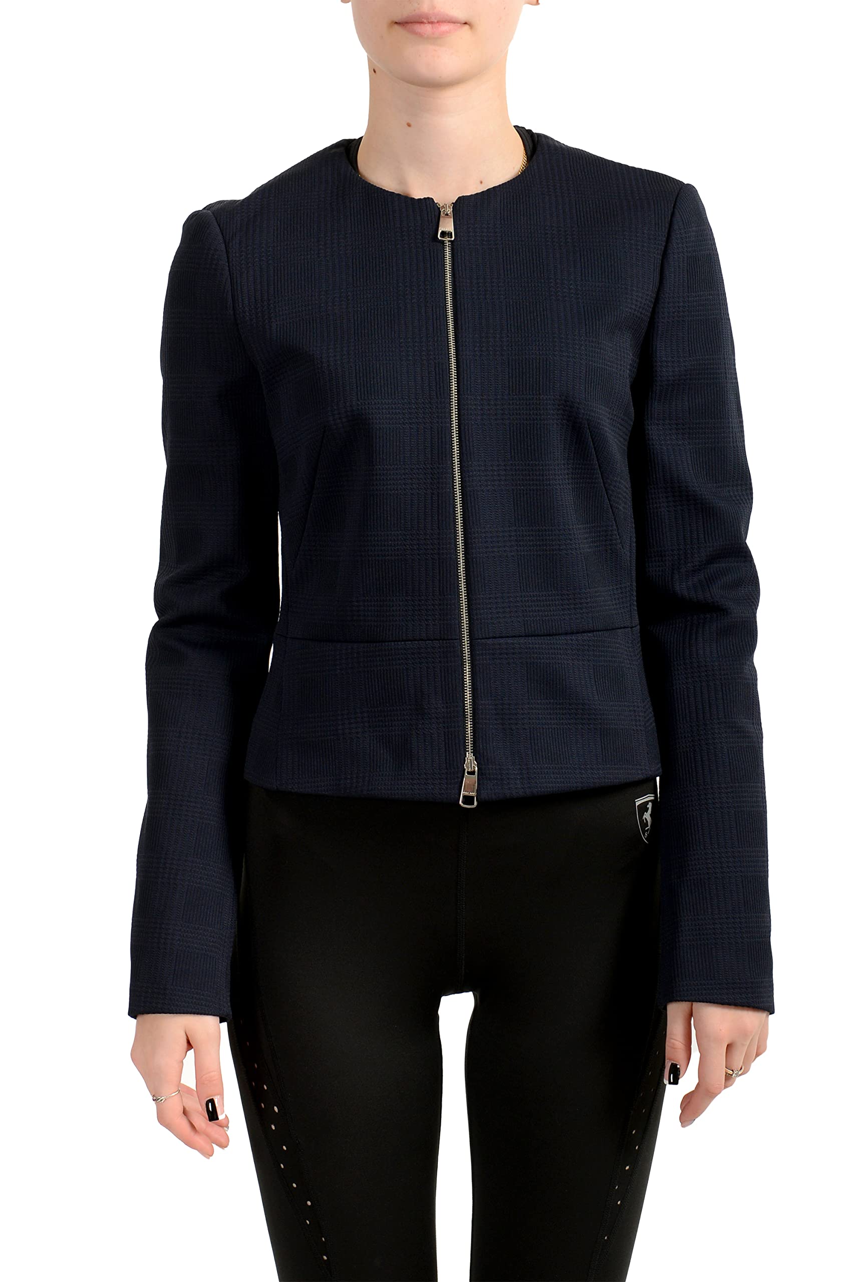 Hugo Boss Womens Jakalana Navy Blue Plaid Full Zip Blazer US 2 IT 38