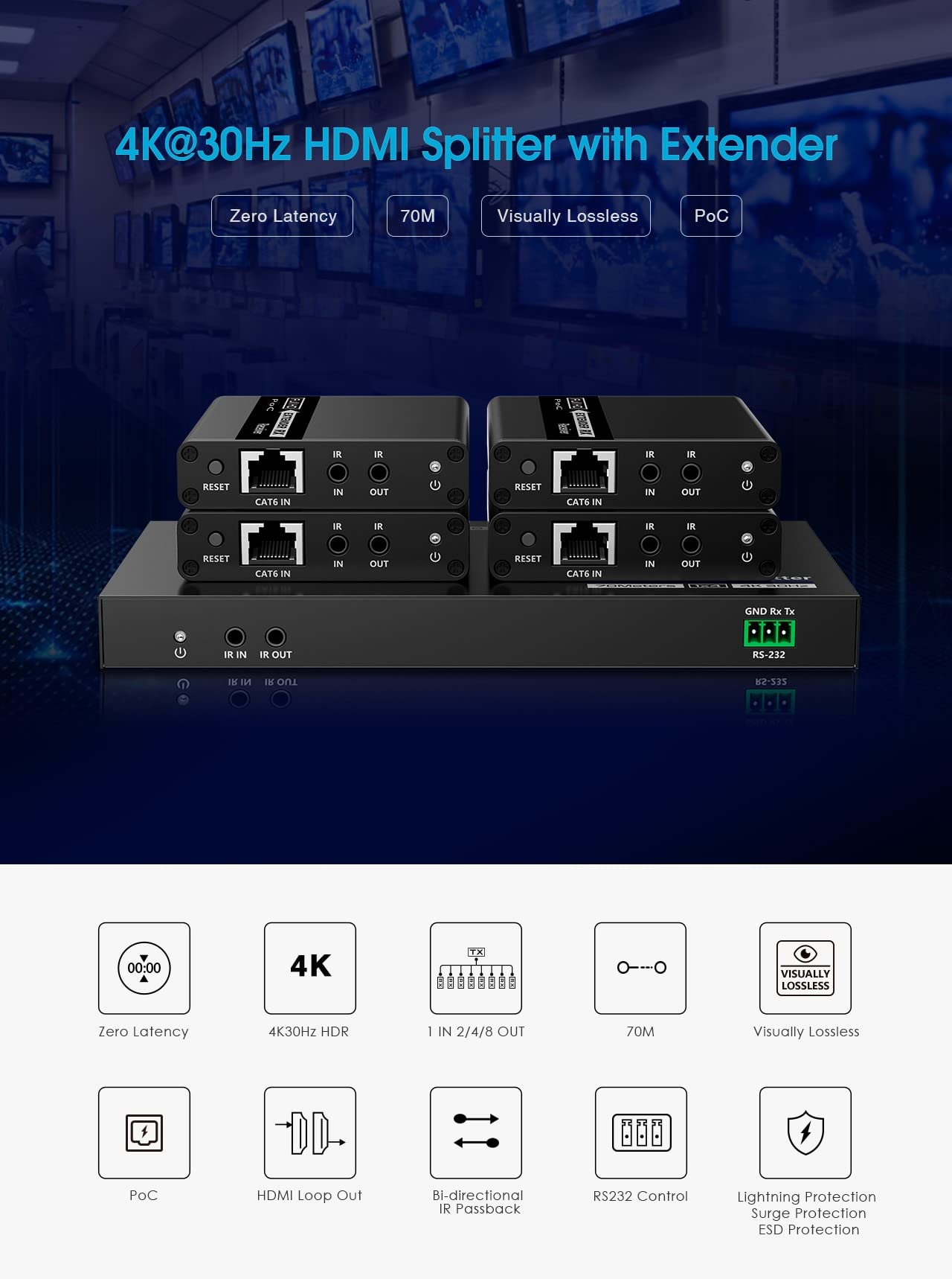 PremiumCord HDMI 1-2 Splitter + Extender via Cat6 / 6a / 7, Ultra HD 4K @ 30Hz à 70m, Habillage en Métal, 2 Destinataires avec Alimentation, Dolby TrueHD, 3D, EDID, CEC, HDCP2.2