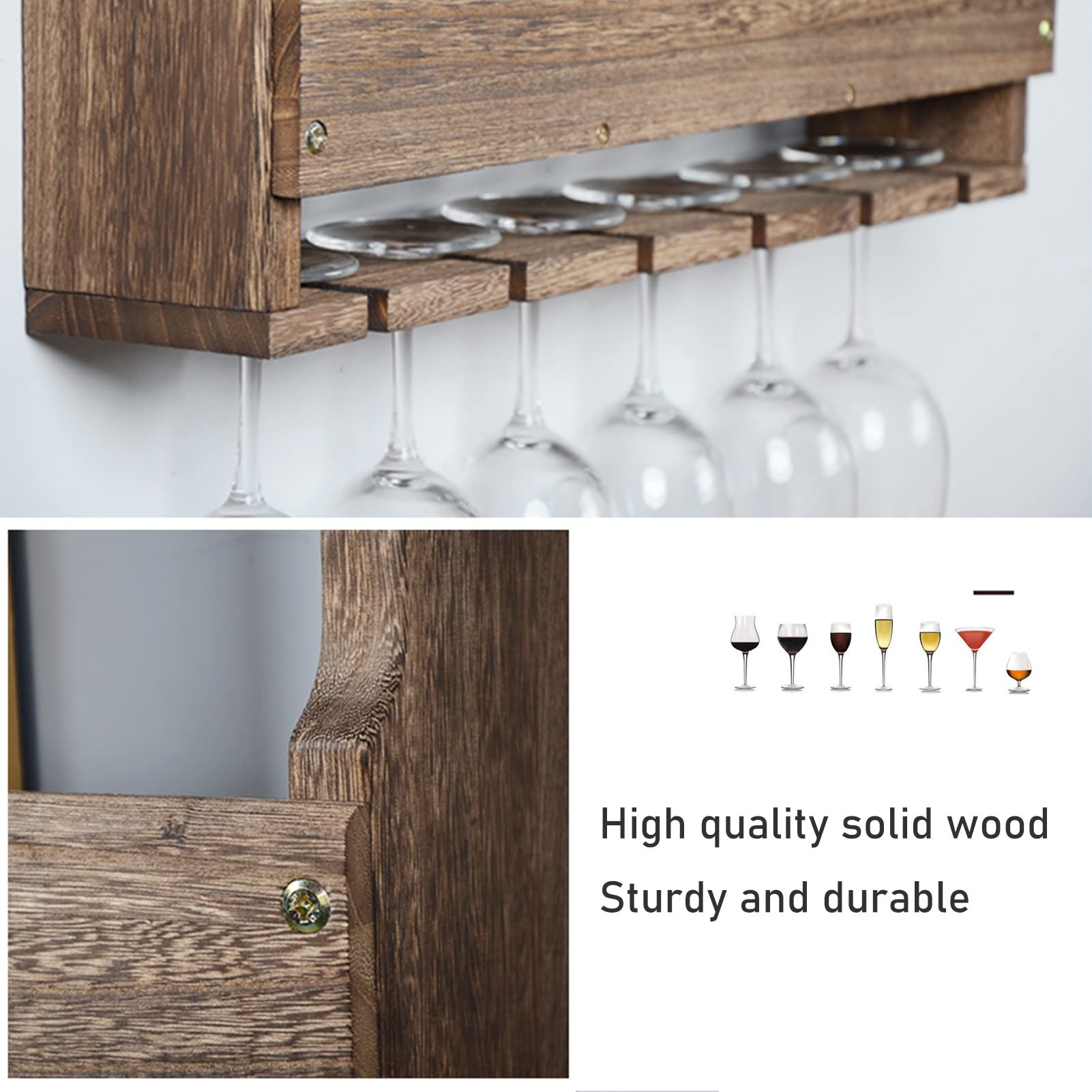 60-140 cm (23,6-55) Porta calici in legno, mensola portabottiglie da parete con cestello portaoggetti Porta bicchieri da vino sospeso a parete in ferro metallico (dimensioni : 60