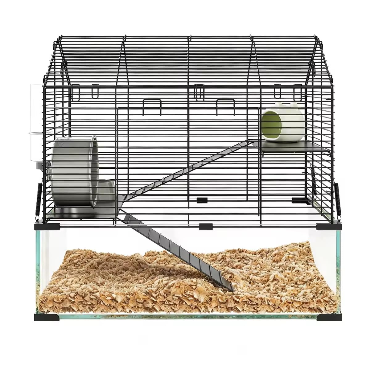 Garvee Hamsterkäfig Glas & Metall, Kleintierkäfig 58 x 38 x 54 cm, 6 mm Glasbecken, Komplettset mit Laufrad, Trinkflasche, Keramikversteck, Plattformen & Leitern, für Zwerghamster, Mäuse, Rennmäuse