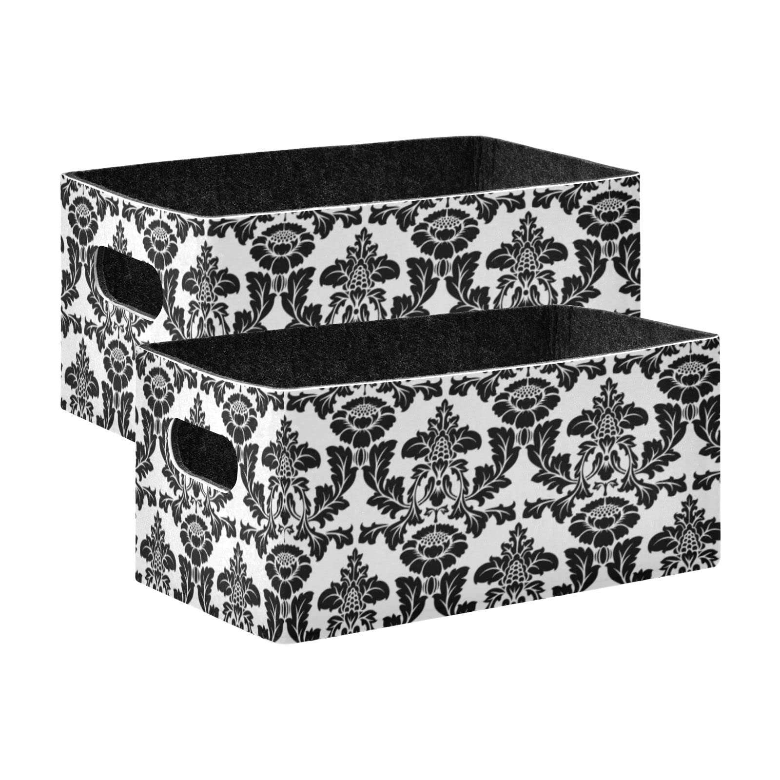 Poeticcity Black Seamless Damask Flowers Ornate Seamless on White 2 PCs Collapsible Felt Cloth Storage Box, Rectangular Desk Organizer Basket Bin, Detachable Laundry Hamper Counter Holder Box