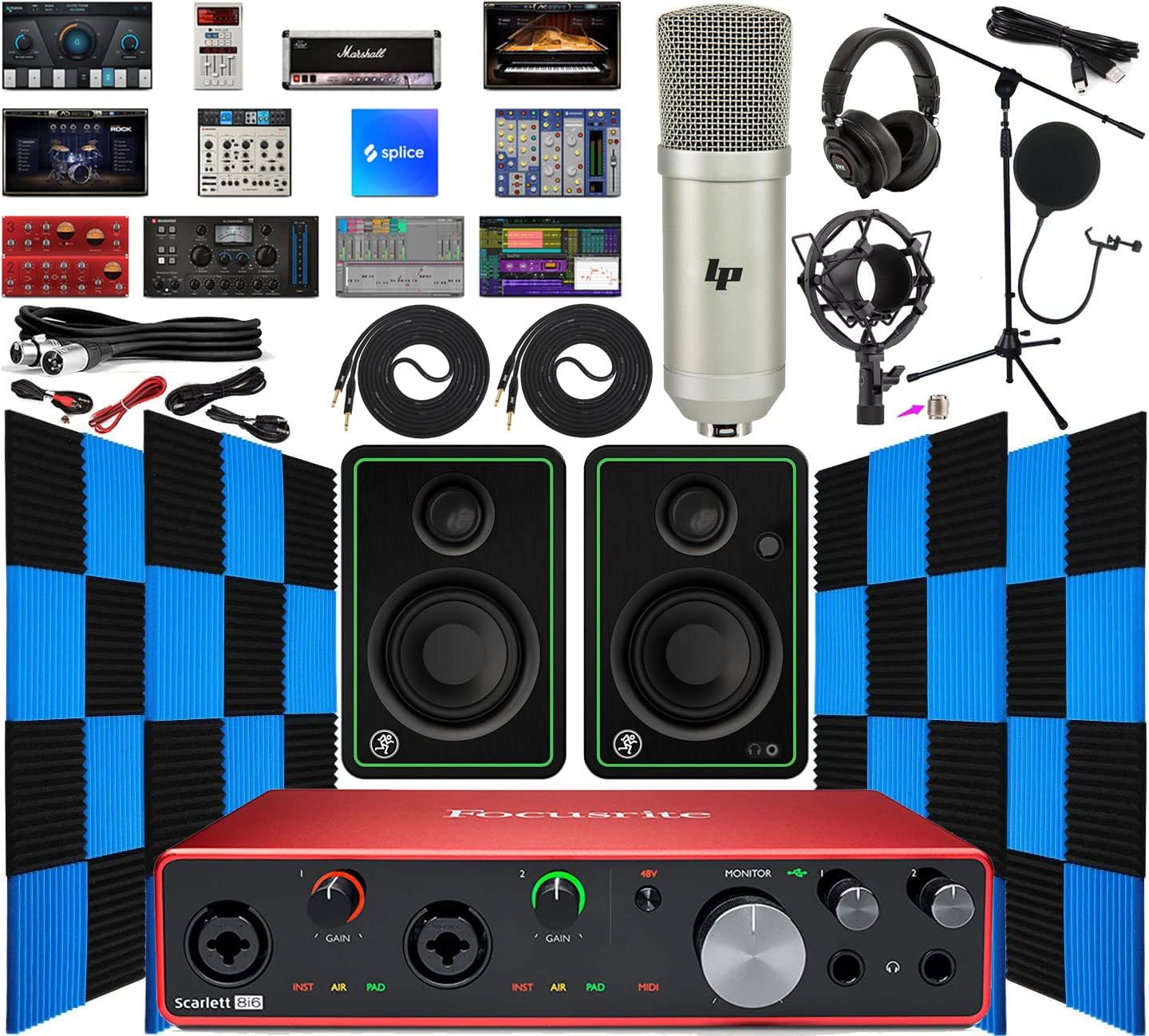 Focusrite Scarlett 8i6 8×6 USB Audio/Midi Interface with Creative Software Kit and with Mackie CR3-X Pair Studio Monitors, 24 Pack Acoustic Soundproof Studio Foam Wedges Sound Insulation Panels