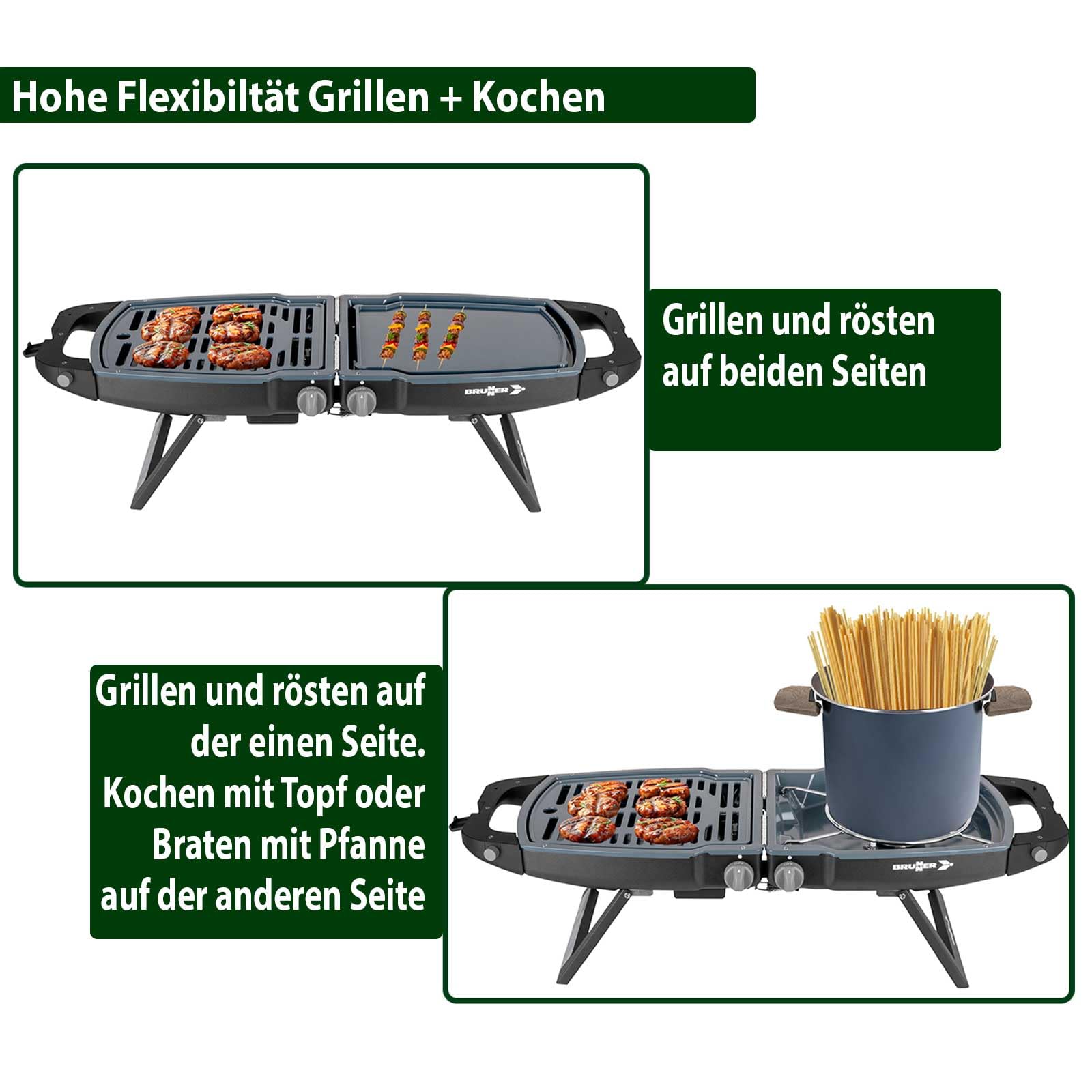 BRUNNER MARIPOSA Camping-Grill, kompakter klappbarer Tischgrill mit 2x Grillplatte, für 2-4 Personen, Gasgrill für Wohnmobil, Wohnwagen, Zelt, Garten oder Balkon mit passendem Gasregler+Gasschlauch 2m
