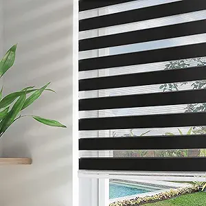 Joydeco Cordless Zebra Blinds for Windows, Dual Layer Free-Stop Zebra Shades Privacy Light Control for Day and Night, Light Filtering Zebra Blinds for Indoor Windows (Black, 58" W x 75" H)